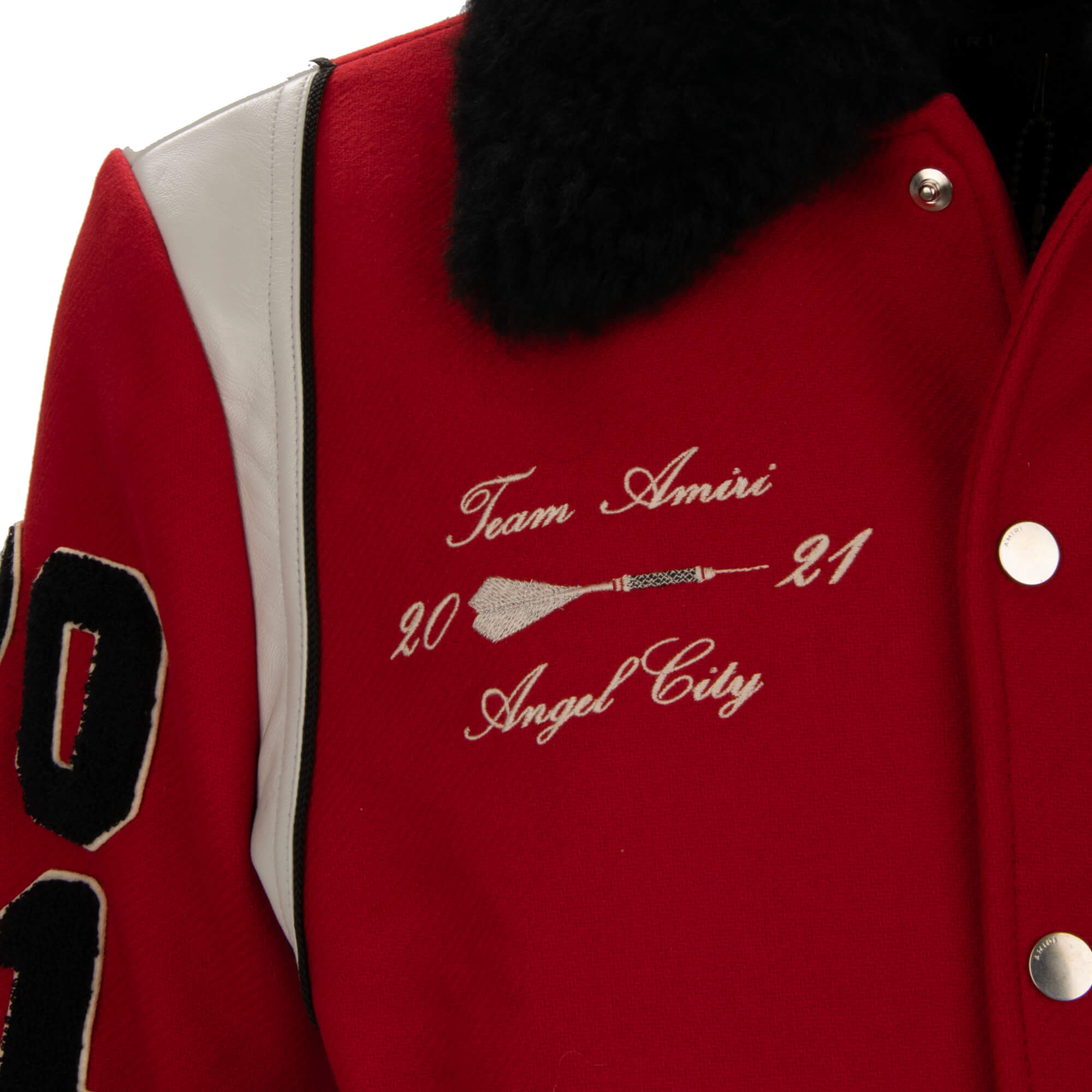 College Jacke ALWAYS ON POINT aus Wolle und Leder mit Logo, Stickerei, Patches, Taschen und abnehmbaren Pelzkragen von AMIRI