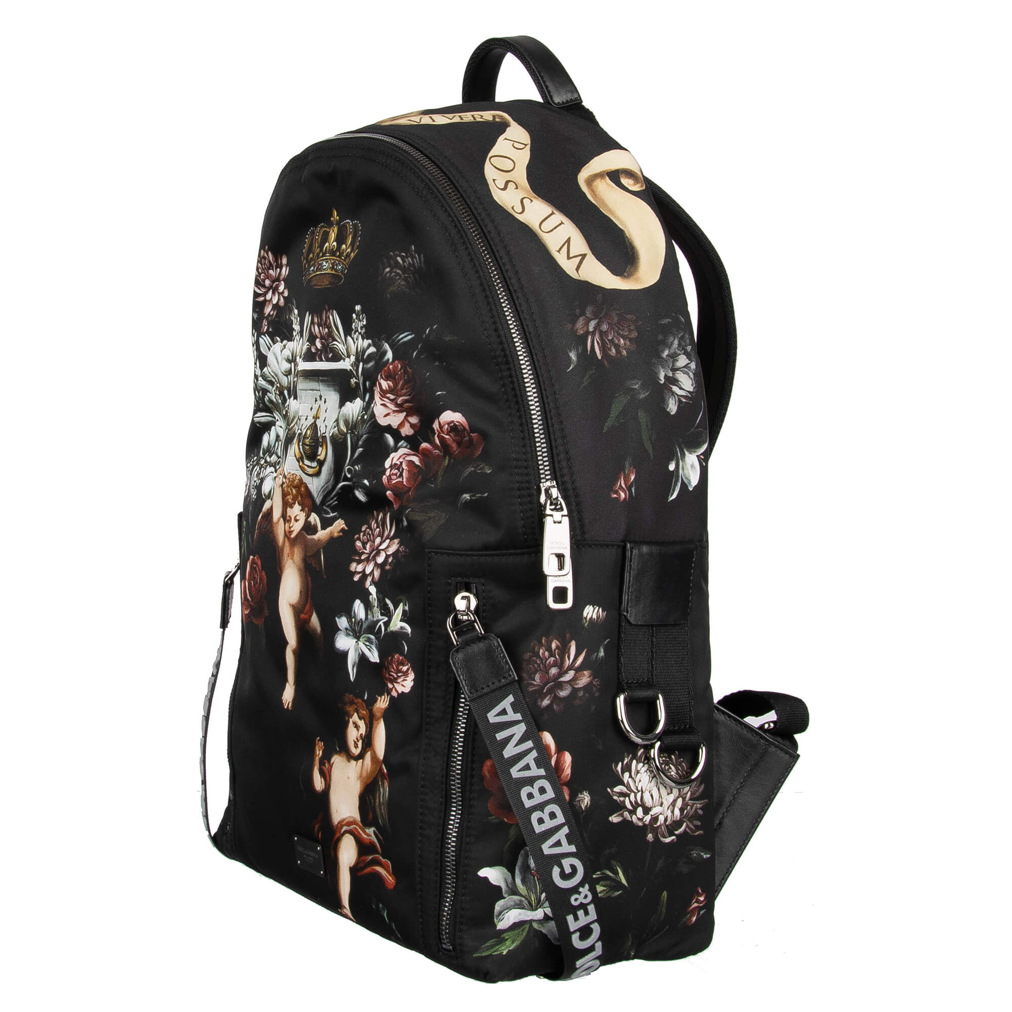 Rucksack "L'Amore e Bellezza" aus Nylon mit Herz, Engeln und Krone Applikationen, Außenfach und Logo Schild von DOLCE & GABBANA