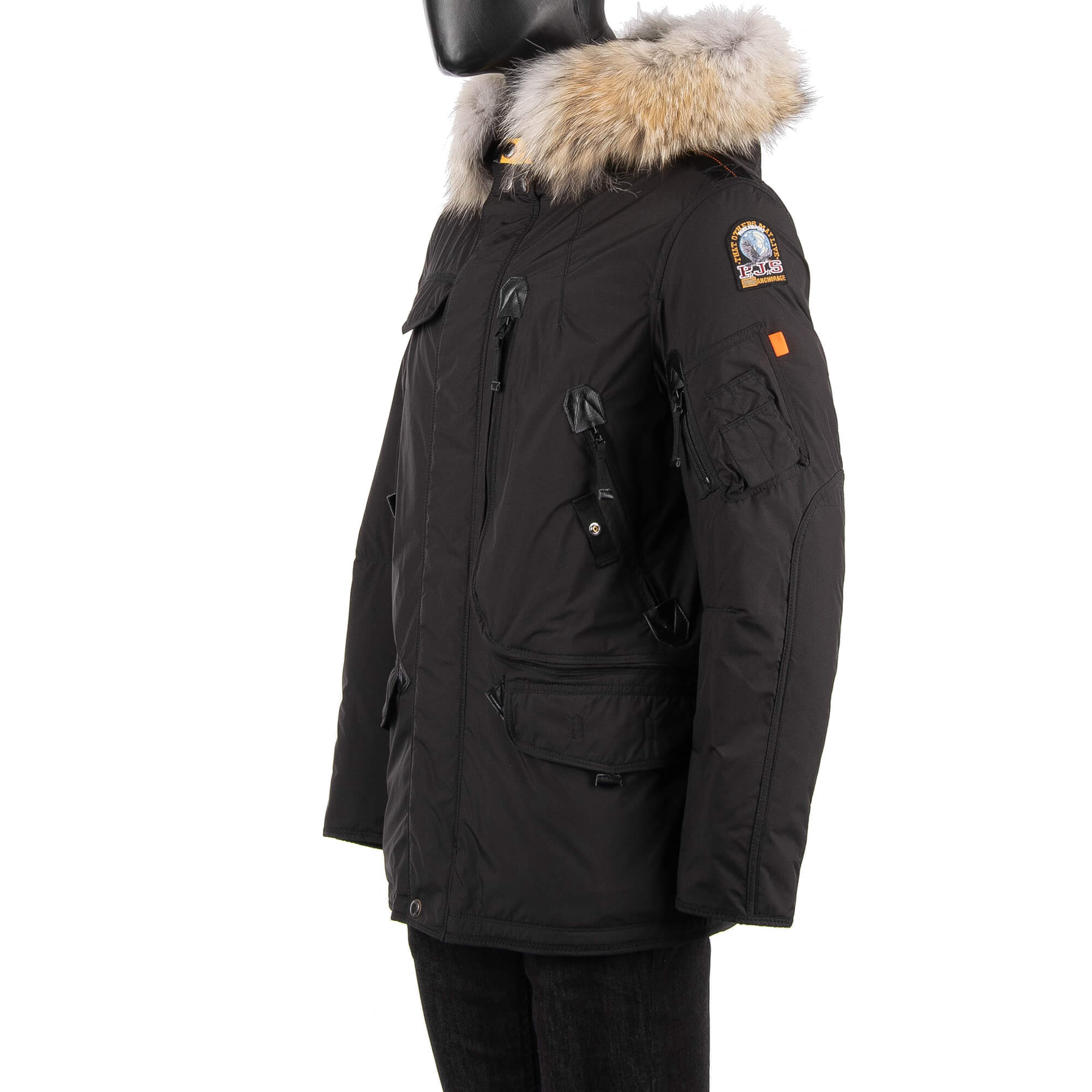 Parka / Daunenjacke RIGHT HAND LIGHT aus leichtem Polyester-Polyurethan-Popeline mit abnehmbarem Echtpelzbesatz, Kapuze, vielen Taschen und Daunenfutter in Raven Schwarz