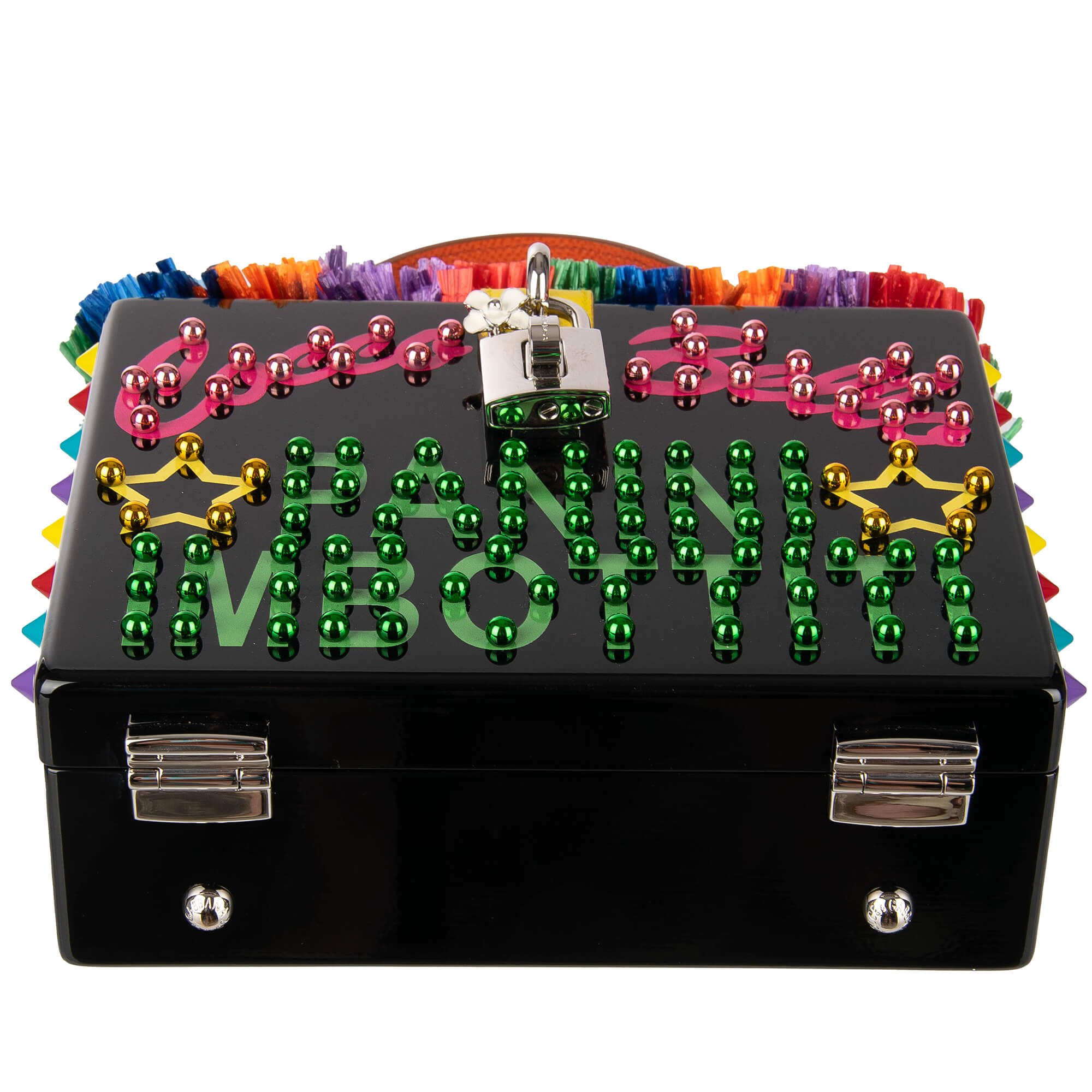 Unique wooden clutch / evening bag DOLCE BOX with Raffia trim, "Cocco Bello Panini Imbottiti" text, multicolor studs and decorative padlock by DOLCE & GABBANA