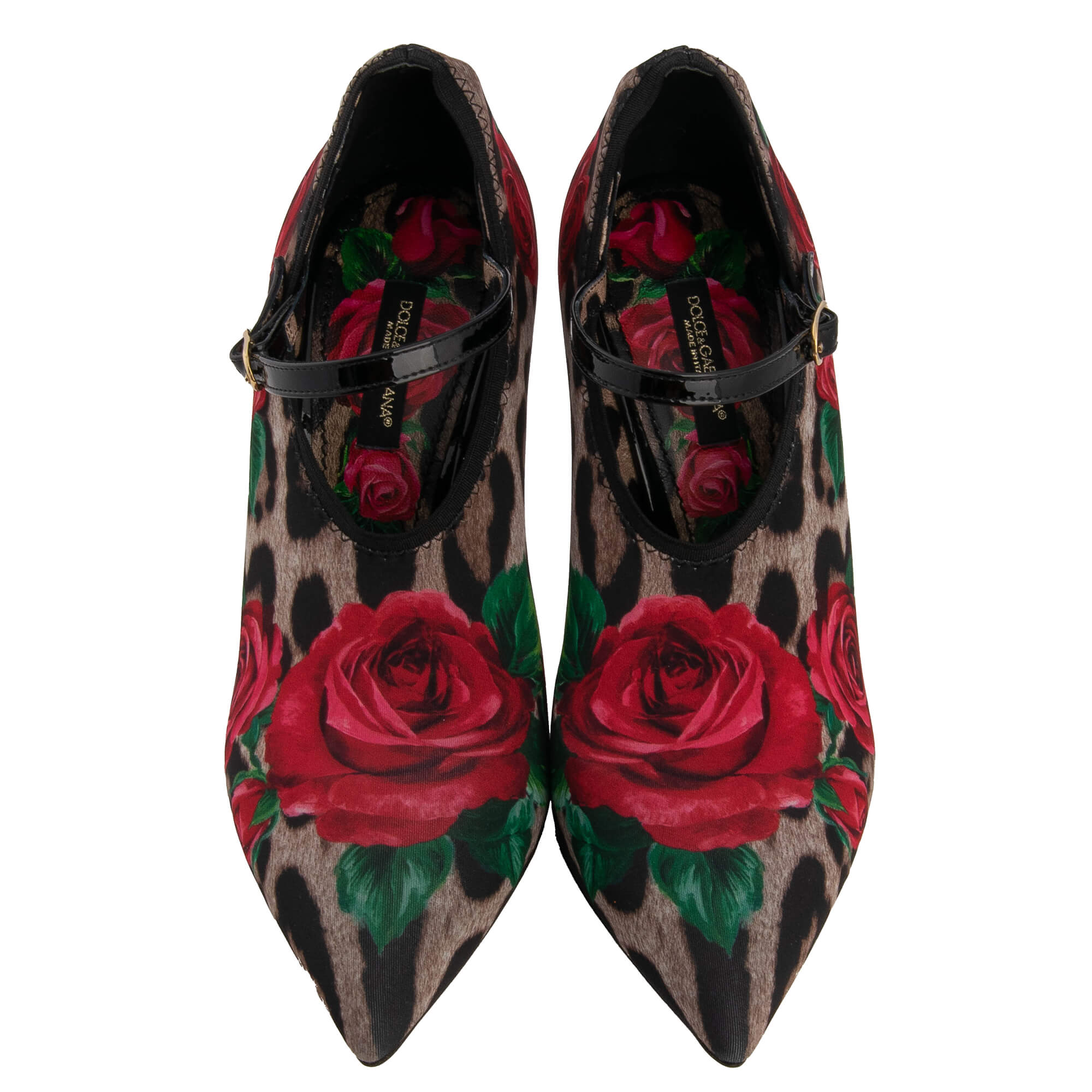 Leopard Rosen Print Spitzform Pumps LORI aus Leder mit Socken Beschichtung in Schwarz, Rot und Braun von DOLCE & GABBANA