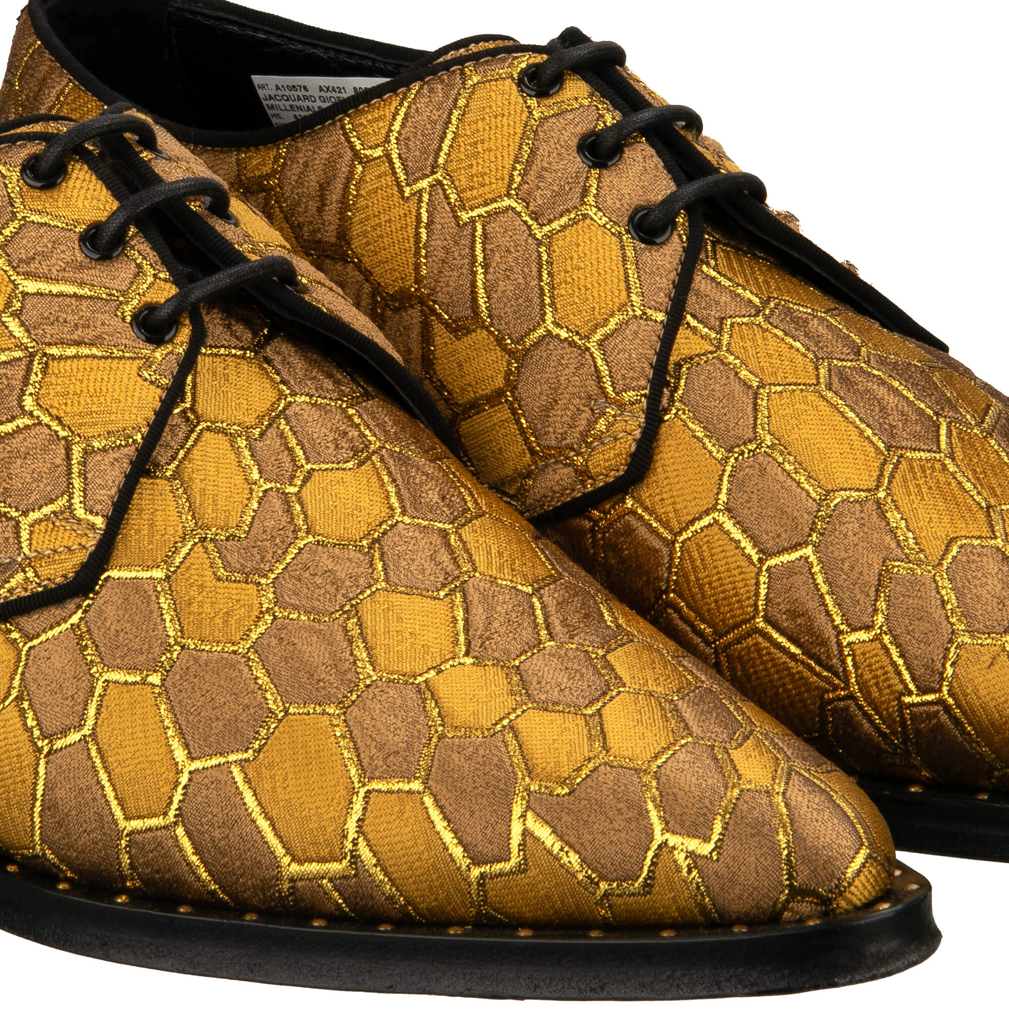 Unique pointed leather Derby Shoes MILLENNIALS with animal print embellished and metal plate with DG logo at the heel in gold and black by DOLCE & GABBANA
