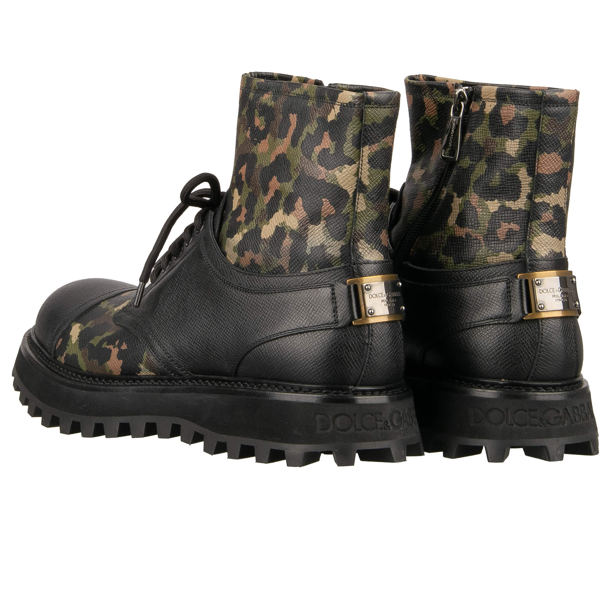 Combat Stiefeletten BERNINI aus Dauphine Leder mit Logo Schild in Camouflage und Schwarz von DOLCE & GABBANA