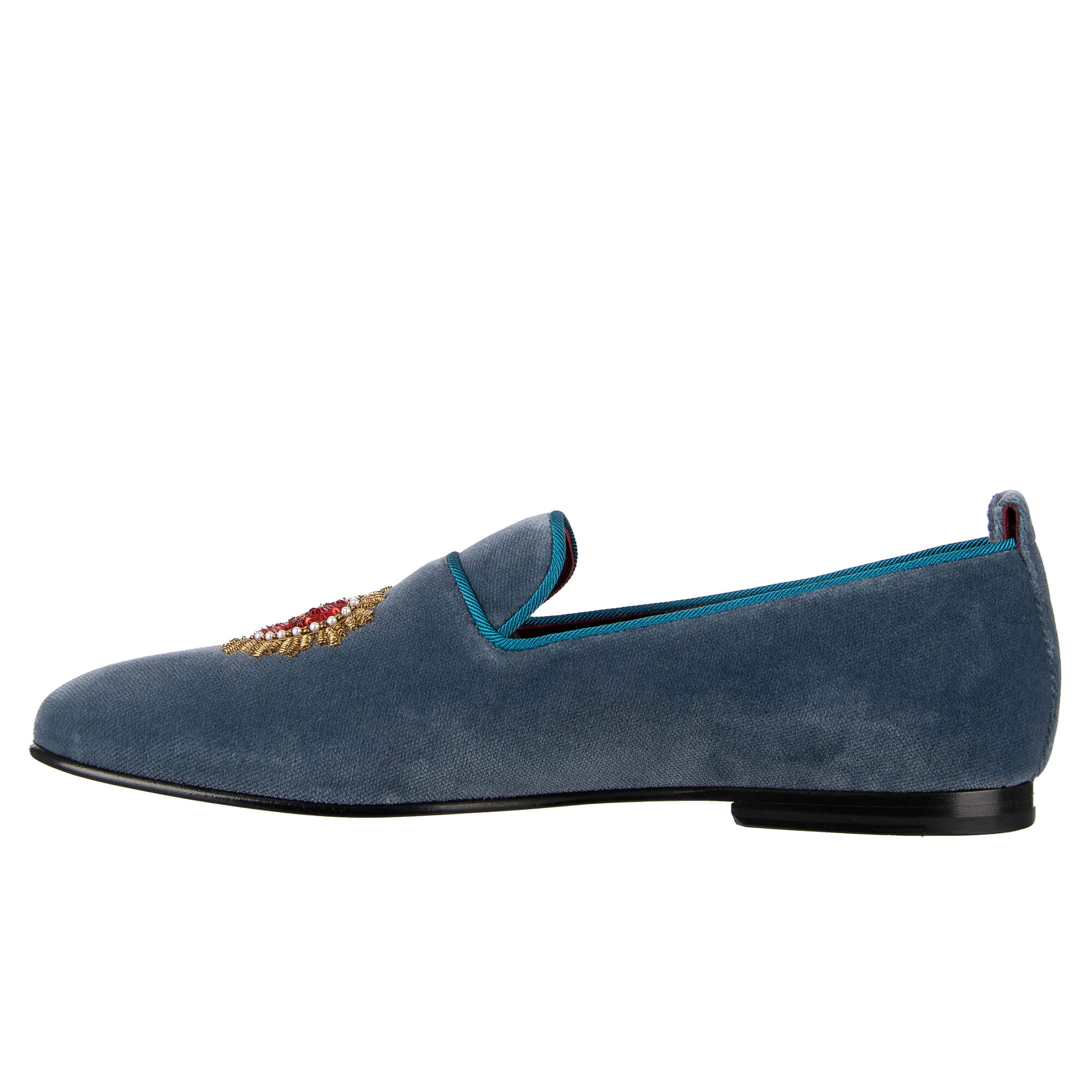 Velvet loafer shoes YOUNG POPE with sequins embroidered heart and DG logo in azure blue by DOLCE & GABBANA