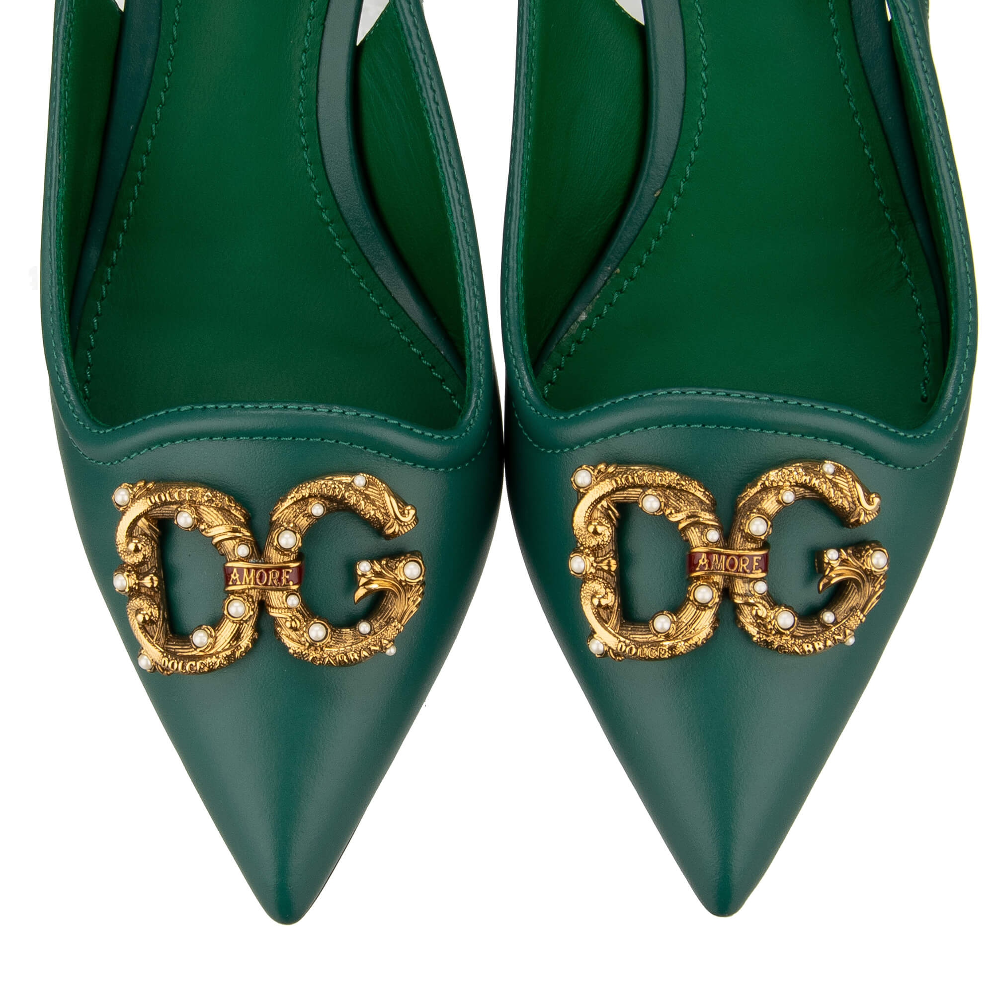 Pointed leather Slingbacks Pumps with DG Pearl Amore Logo in green by DOLCE & GABBANA