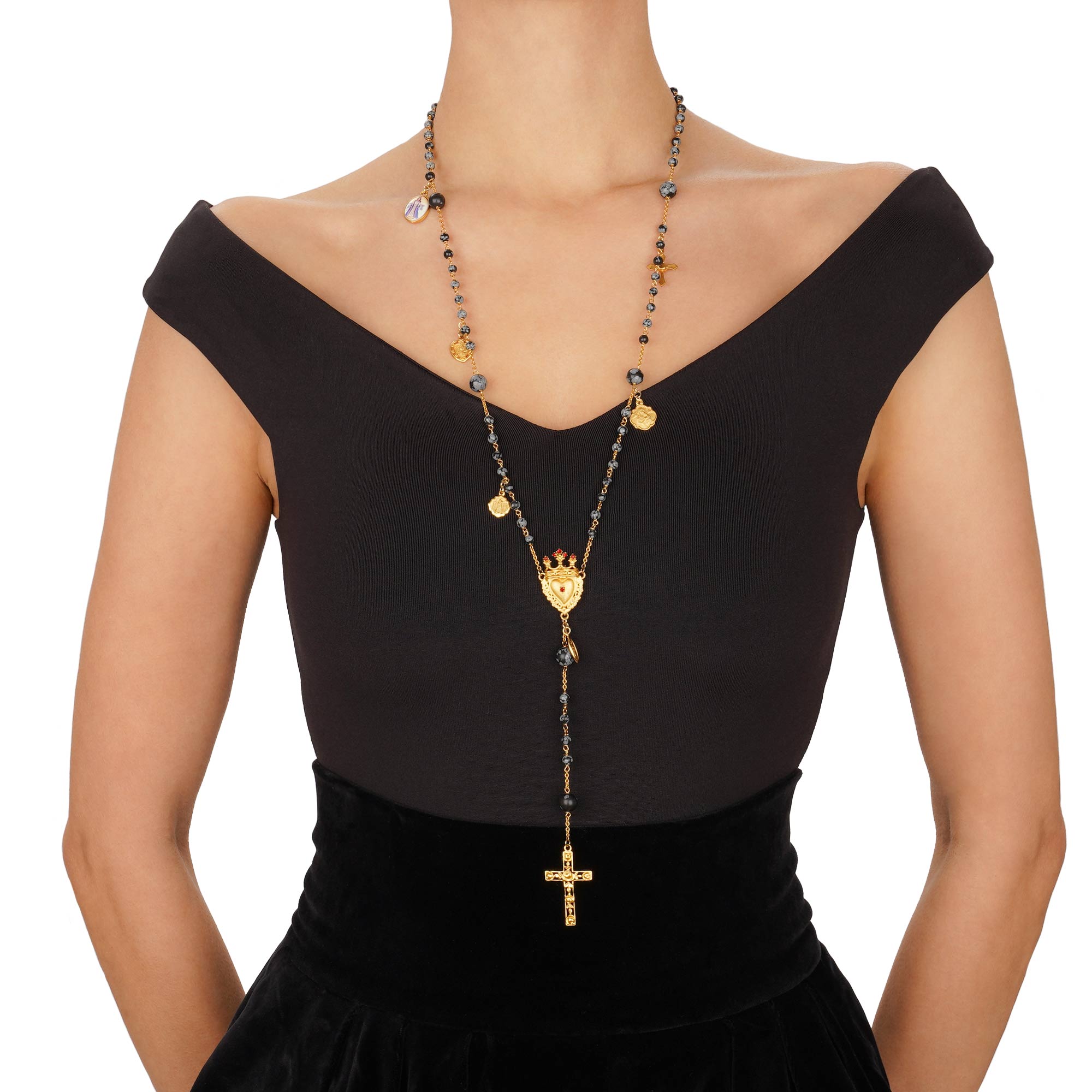 Rosario Chain necklace with Cross, Saints pendants, crystal crown, heart and natural stones pearls in gold, gray and black by DOLCE & GABBANA