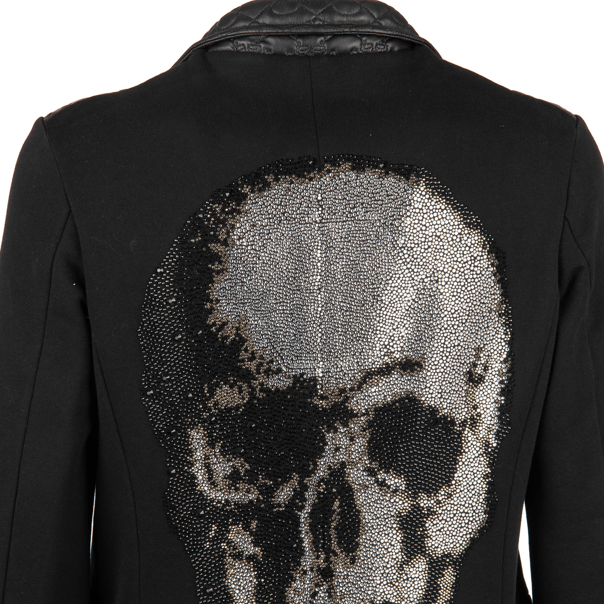 Jacket / Blazer SUE made of woven fabric and imitation leather with skull texture and large crystals skull at the back by PHILIPP PLEIN