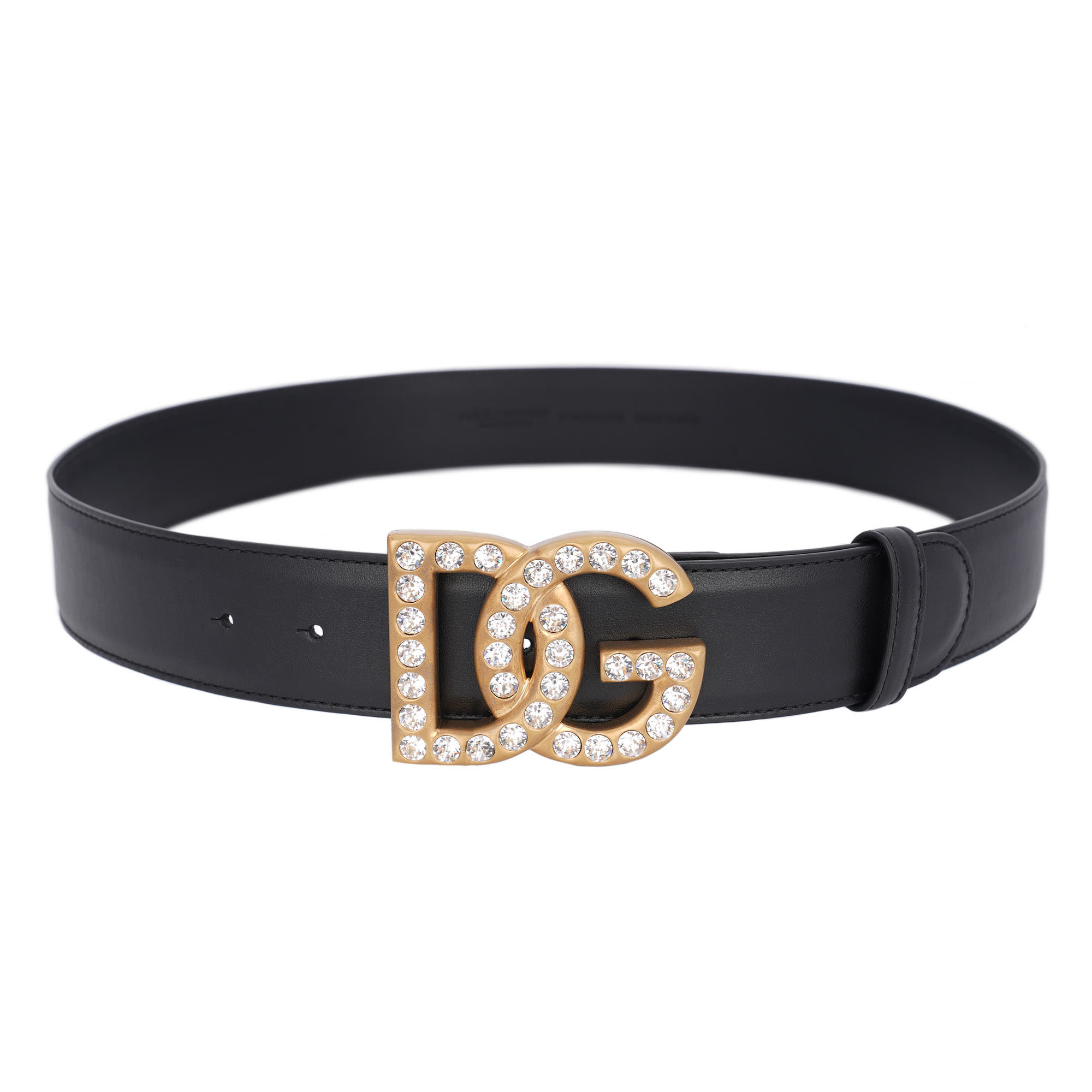 DG Crystal Logo Metal Buckle Leather Belt Black Gold