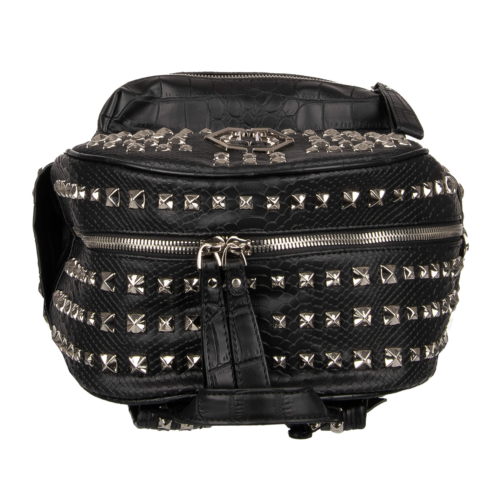 Studded PVC Backpack NOW with snake texture and logo plates by PHILIPP PLEIN