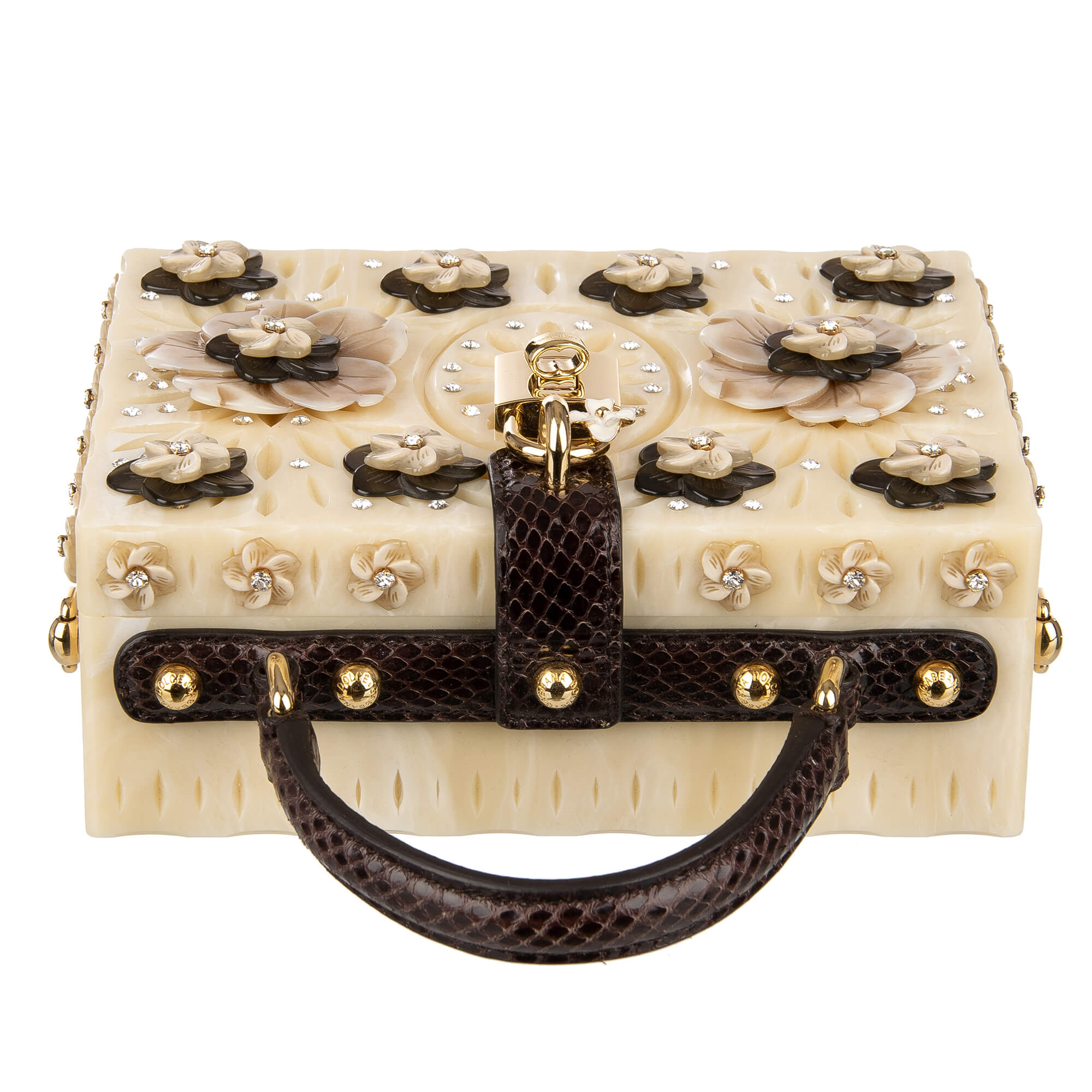 Handcrafted bag / shoulder bag / clutch DOLCE BOX with floral embellishments, crystals, snakeskin details and decorative padlock with enamel flower by DOLCE & GABBANA