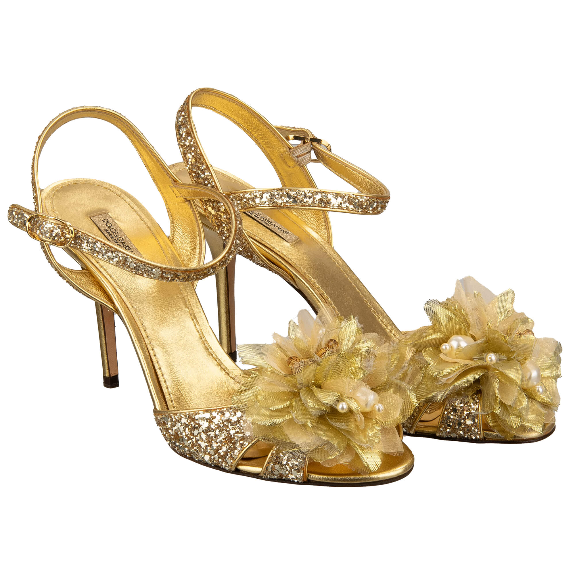 Glitter Pearl Crystal Brooch Sandals Pumps BIANCA Gold 39.5 US 9.5