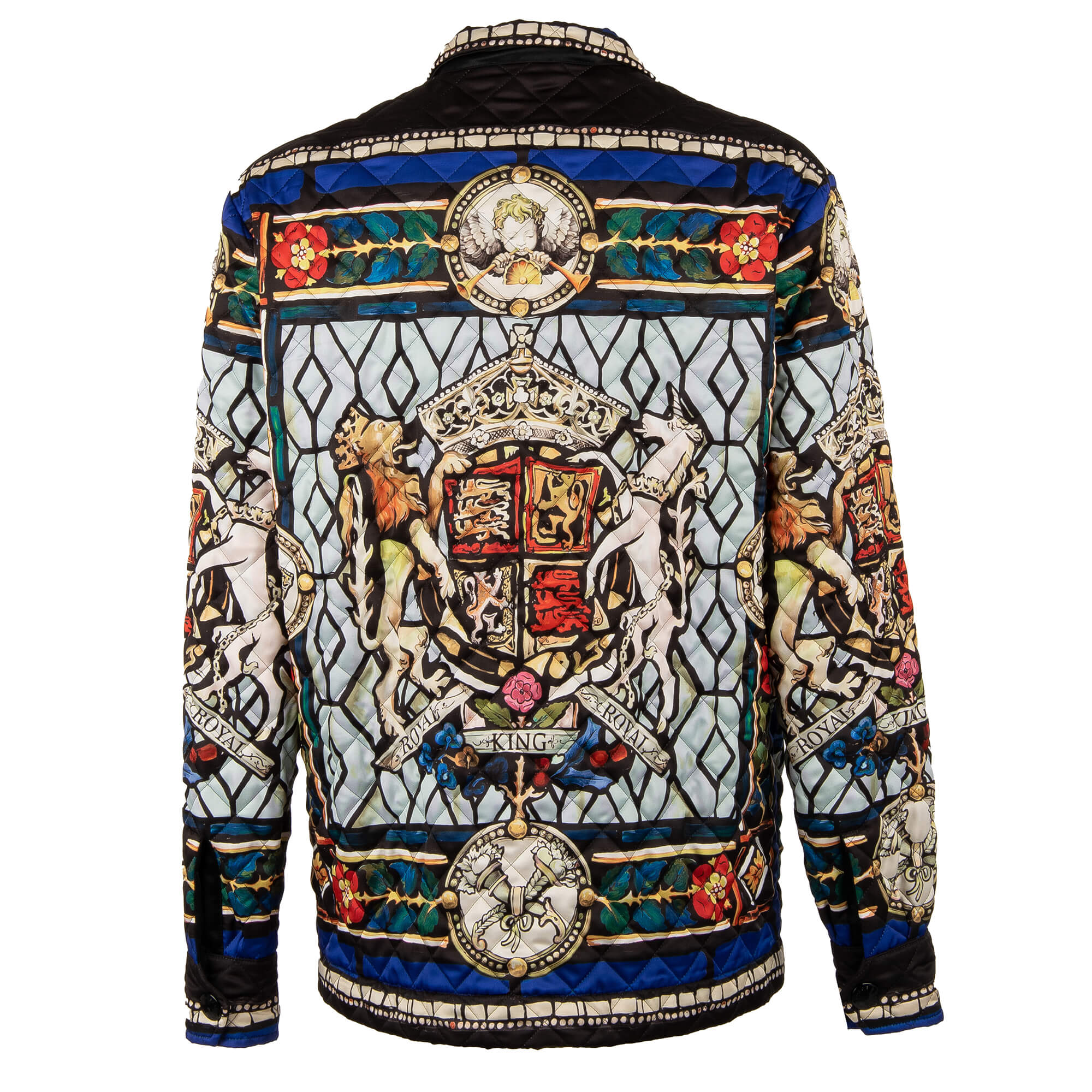 Quilted silk Royal King jacket with heraldry, lions, crowns and flowers print, pockets and snap button closure by DOLCE & GABBANA