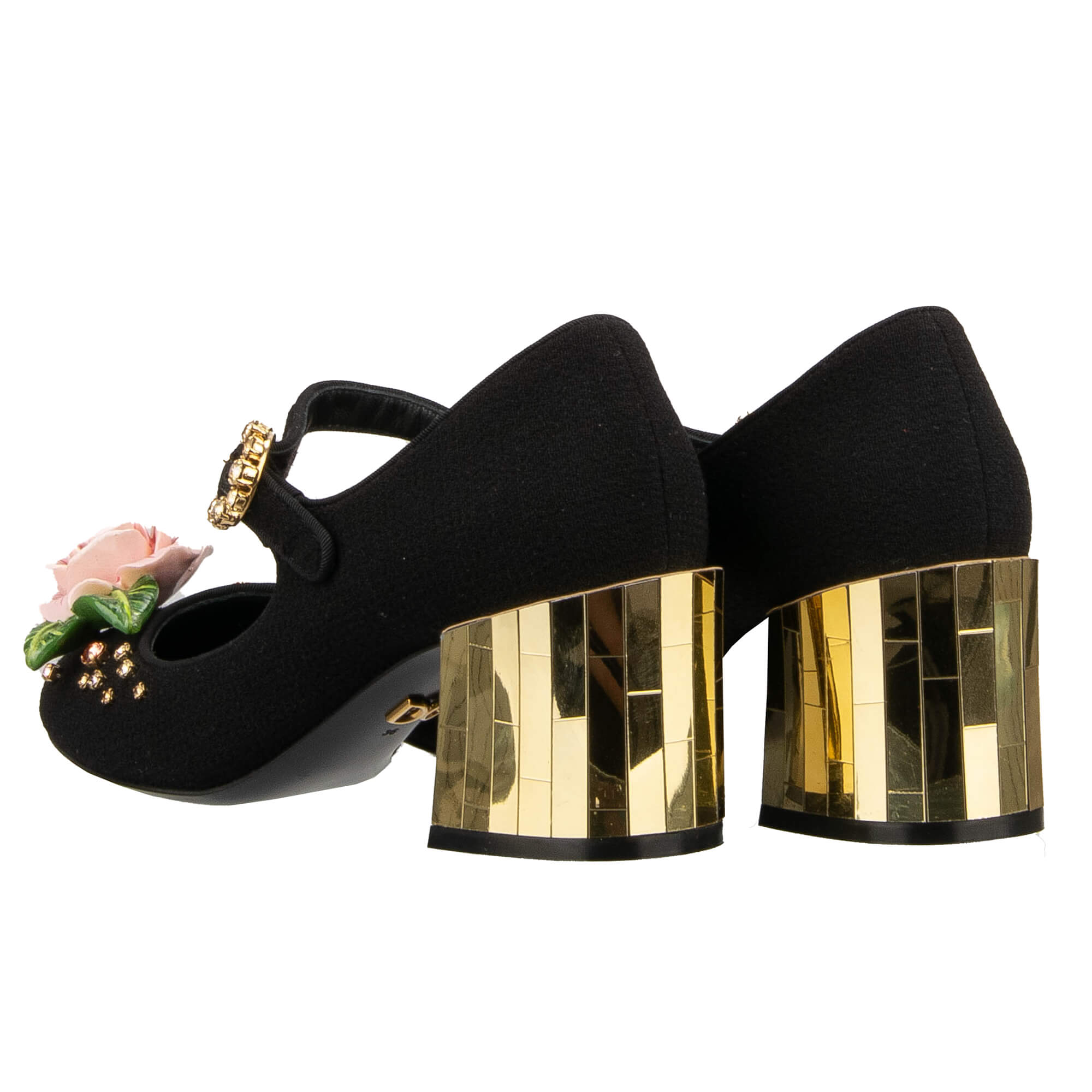 Stoff und Leder Mary Jane Pumps VALLY mit Handbemahlter Rose und Kristallen Schnalle von DOLCE & GABBANA