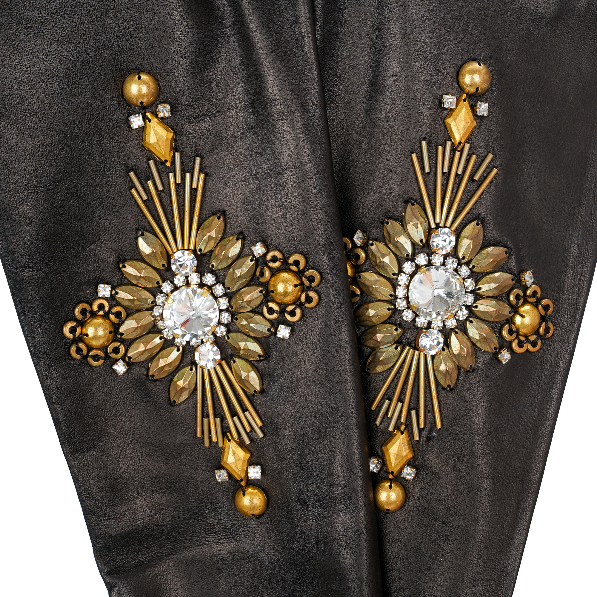 "Her Majesty" Leder Handschuhe mit Kristallen und Perlen Applikationen in Schwarz und Gold von PHILIPP PLEIN 