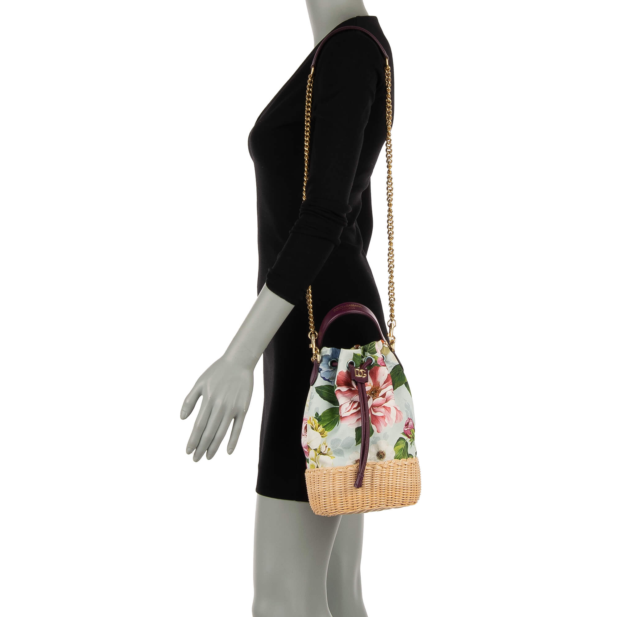 Beutel Tasche / Handtasche DG MILLENNIALS Bag aus Canvas und Wickel Stroh mit Blumen Print und Kordel Verschluss mit DG Logo von DOLCE & GABBANA