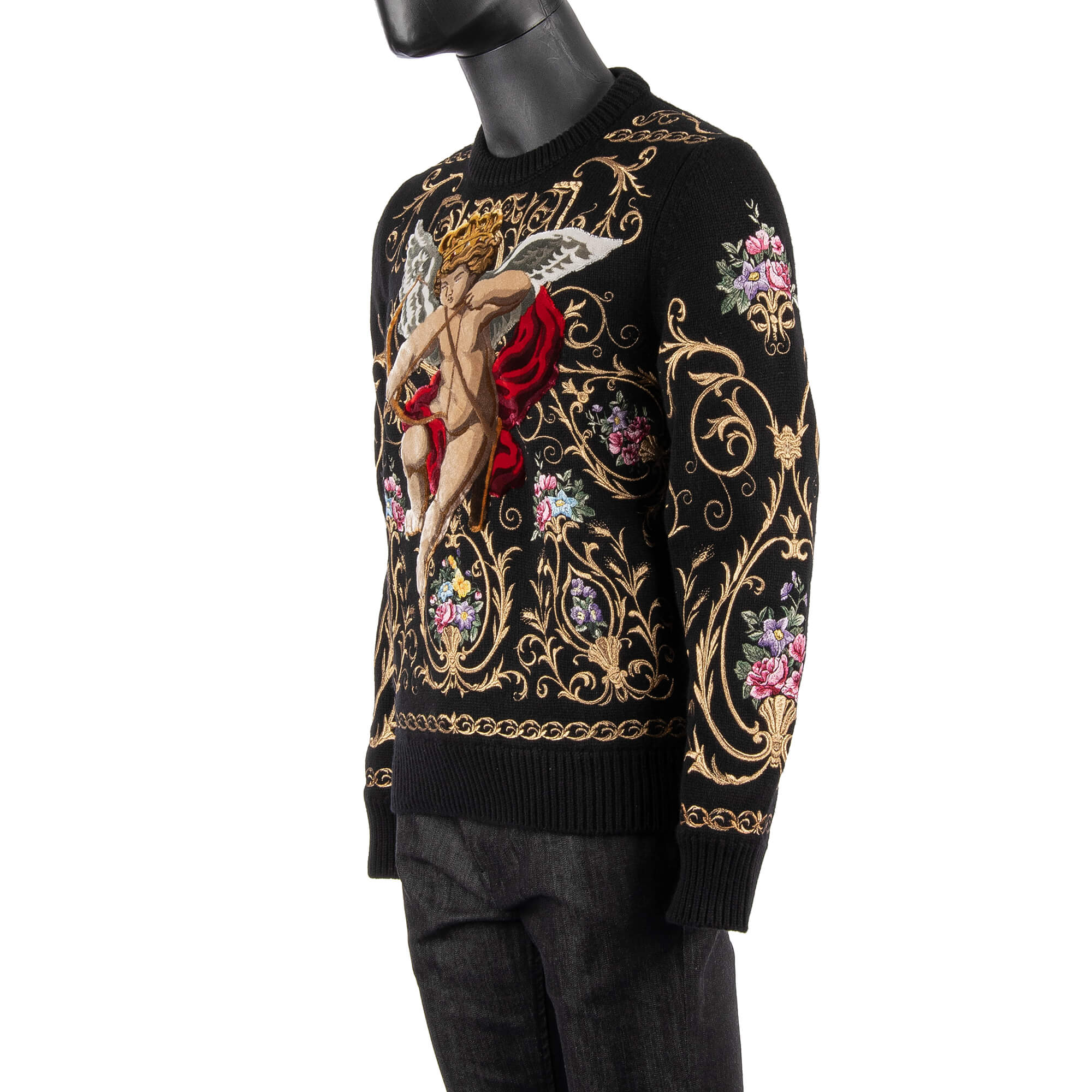 Exceptional and rare baroque style sweater / sweatshirt with velvet Angel and hand embroidered flowers by DOLCE & GABBANA