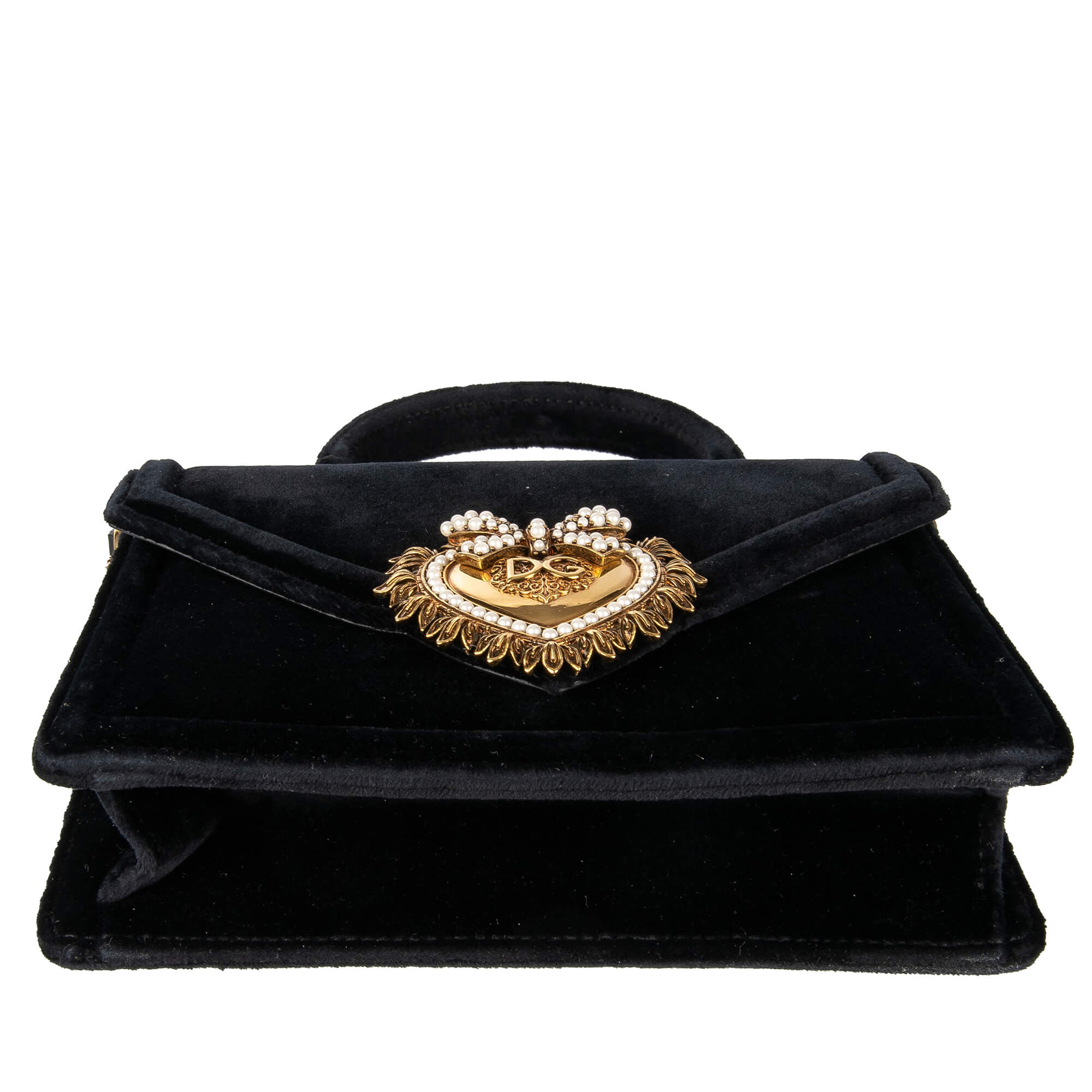 Top Handle / Crossbody Velvet Bag DEVOTION with a jeweled heart buckle with DG Logo and detachable metal chain strap by DOLCE & GABBANA