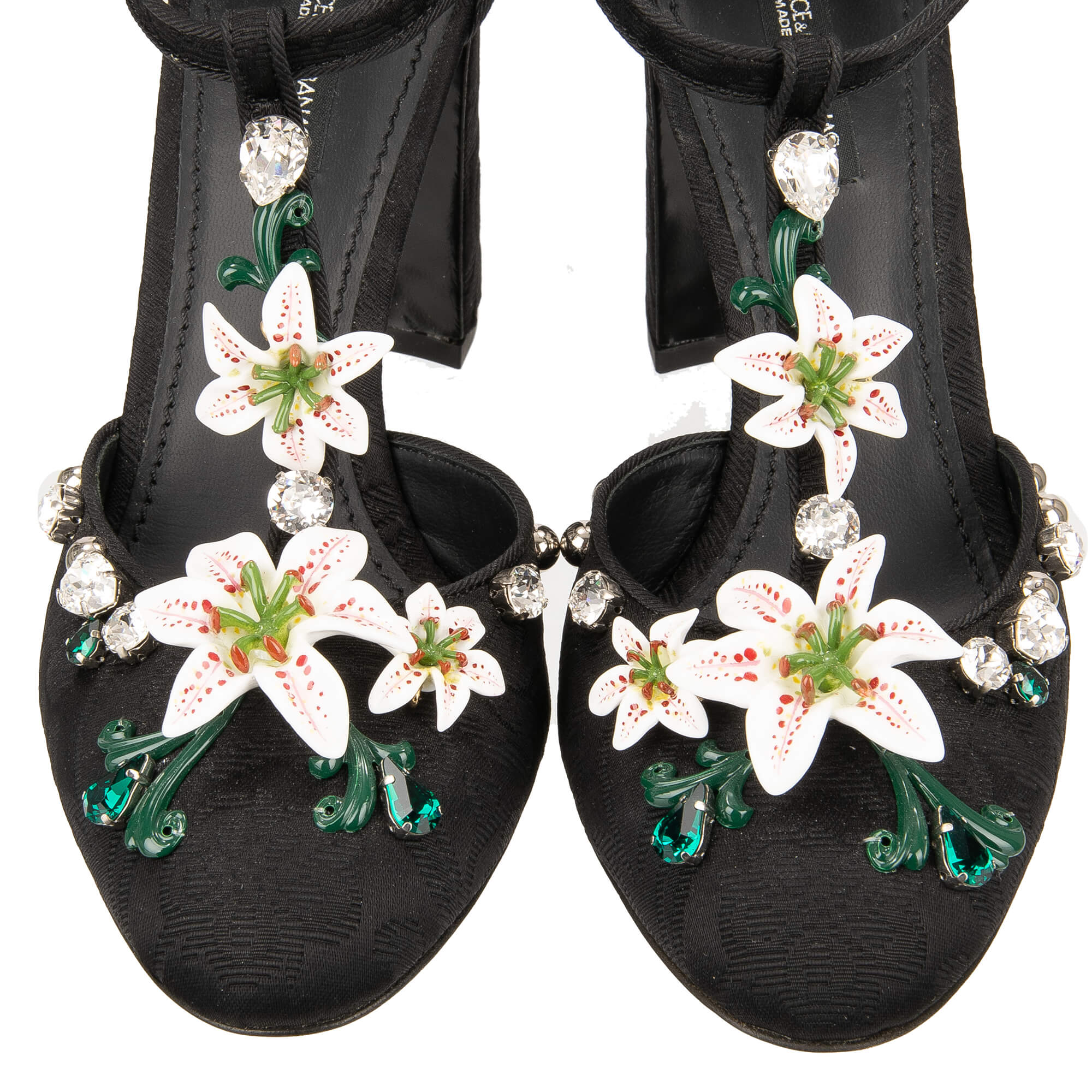 Brocade Ankle Strap Pumps VALLY in pink with hand painted lily flowers, crystals and pearls in black by DOLCE & GABBANA