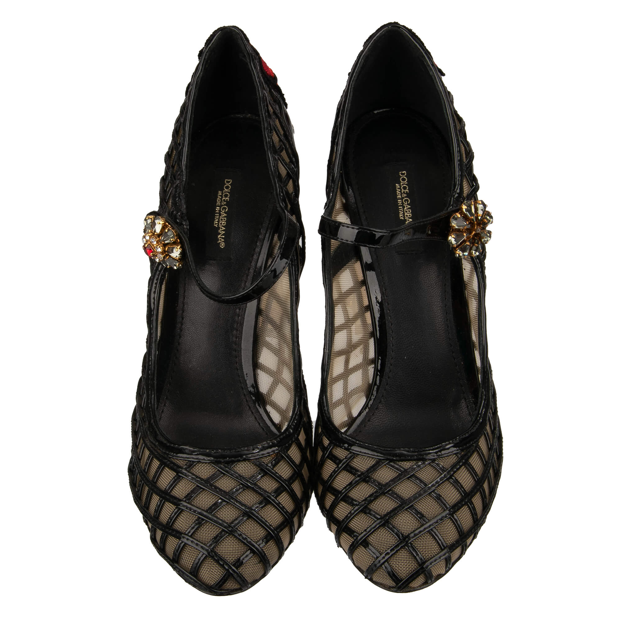 Lackleder Netz Struktur Pumps mit Perlen Blume Stickerei und Kristallen Schnalle von DOLCE & GABBANA