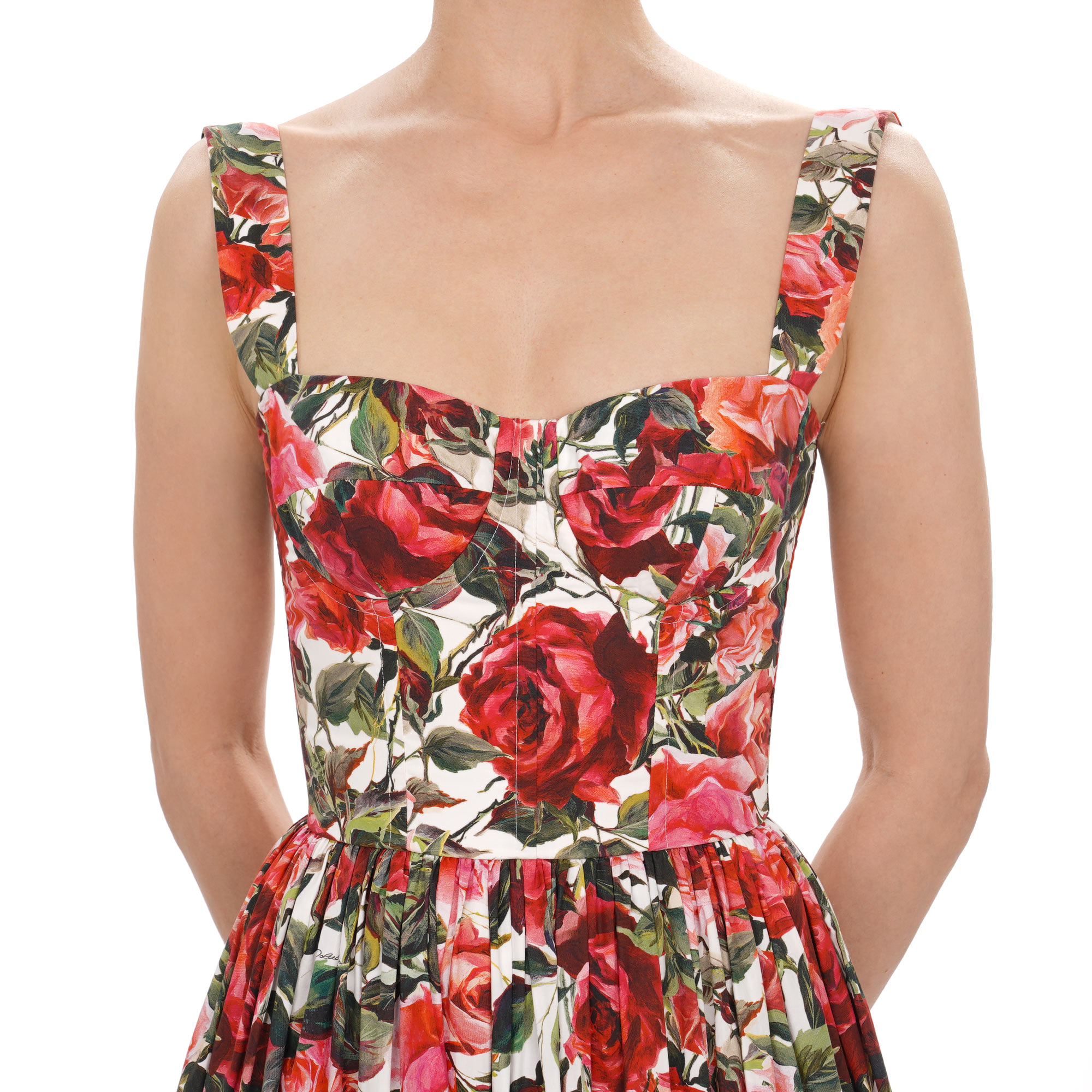 Langes Korsett Kleid aus Baumwolle mit Rosen Blumen Print in Weiß, Pink und Rot von DOLCE & GABBANA