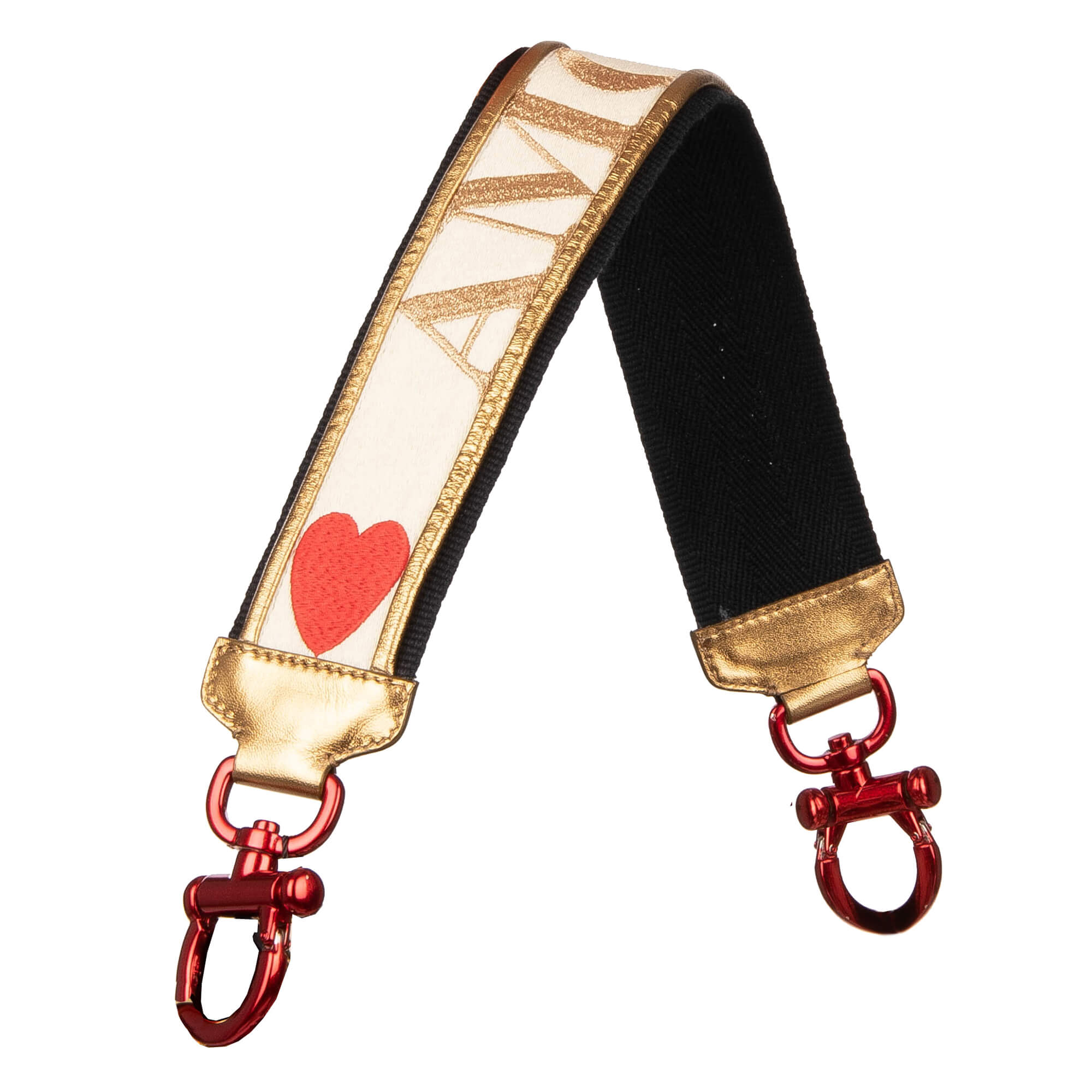 Schulterriemen für Tasche aus Baumwolle und Leder in Gold, Beige und Schwarz verziert mit Amore und Herz Stickerei von DOLCE & GABBANA