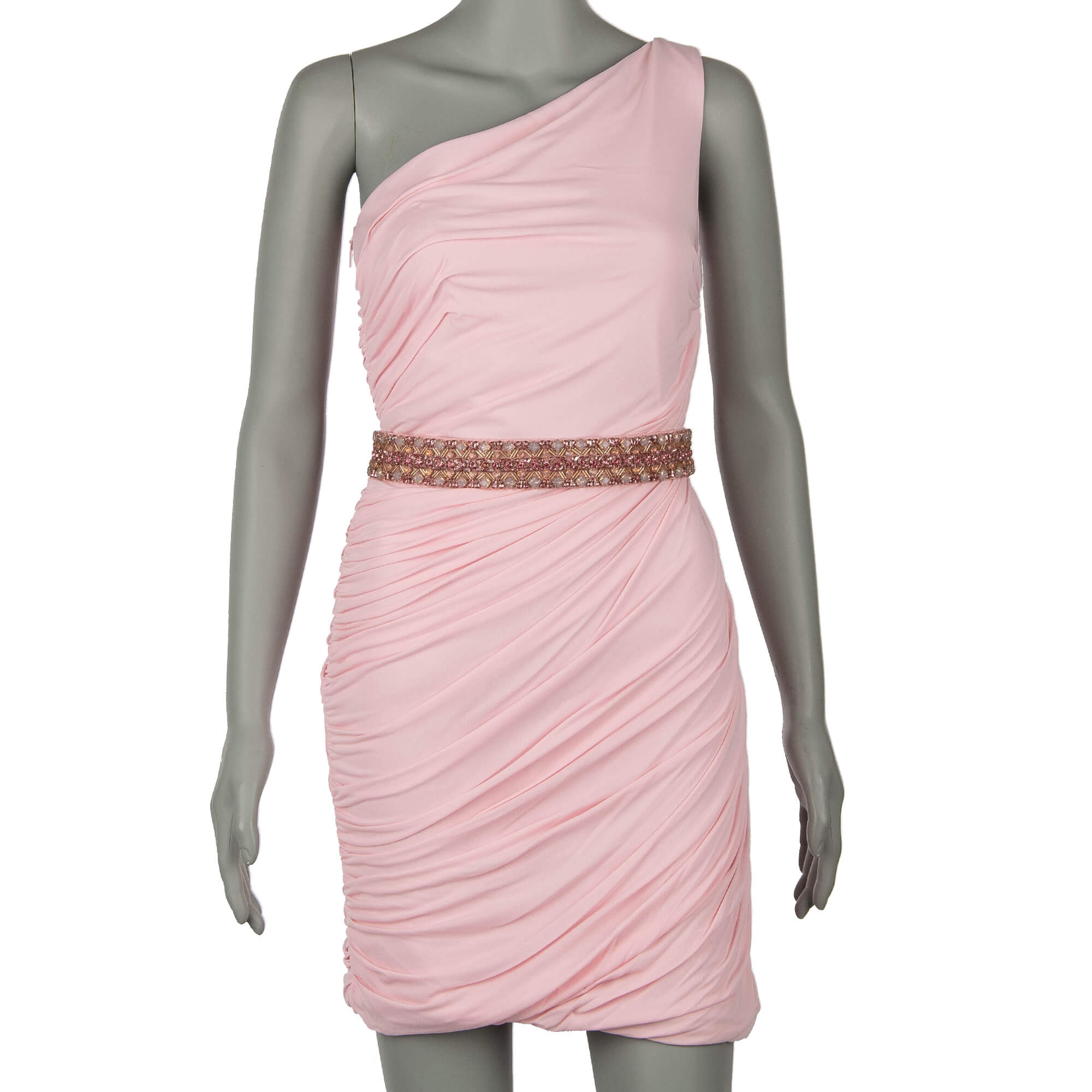 Kurzes und elastisches Mini Kleid mit Lining und mit Kristallen beschmücktem Gürtel in Pink von ROBERTO CAVALLI