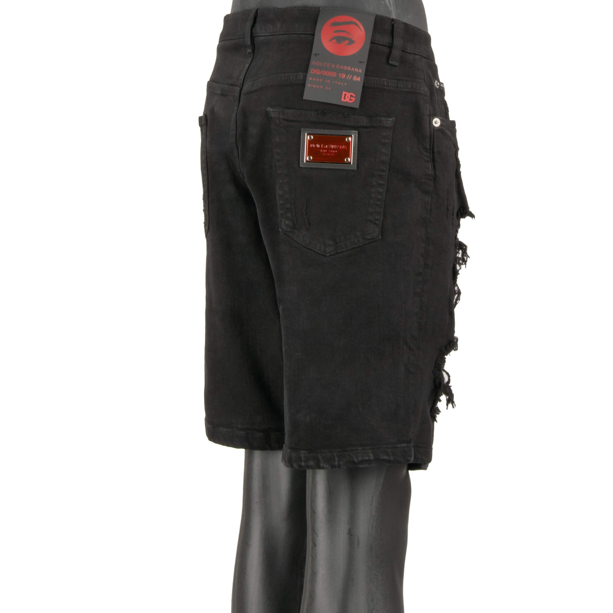 Distressed Denim Shorts with DG metal logo plate in black and red by DOLCE & GABBANA 