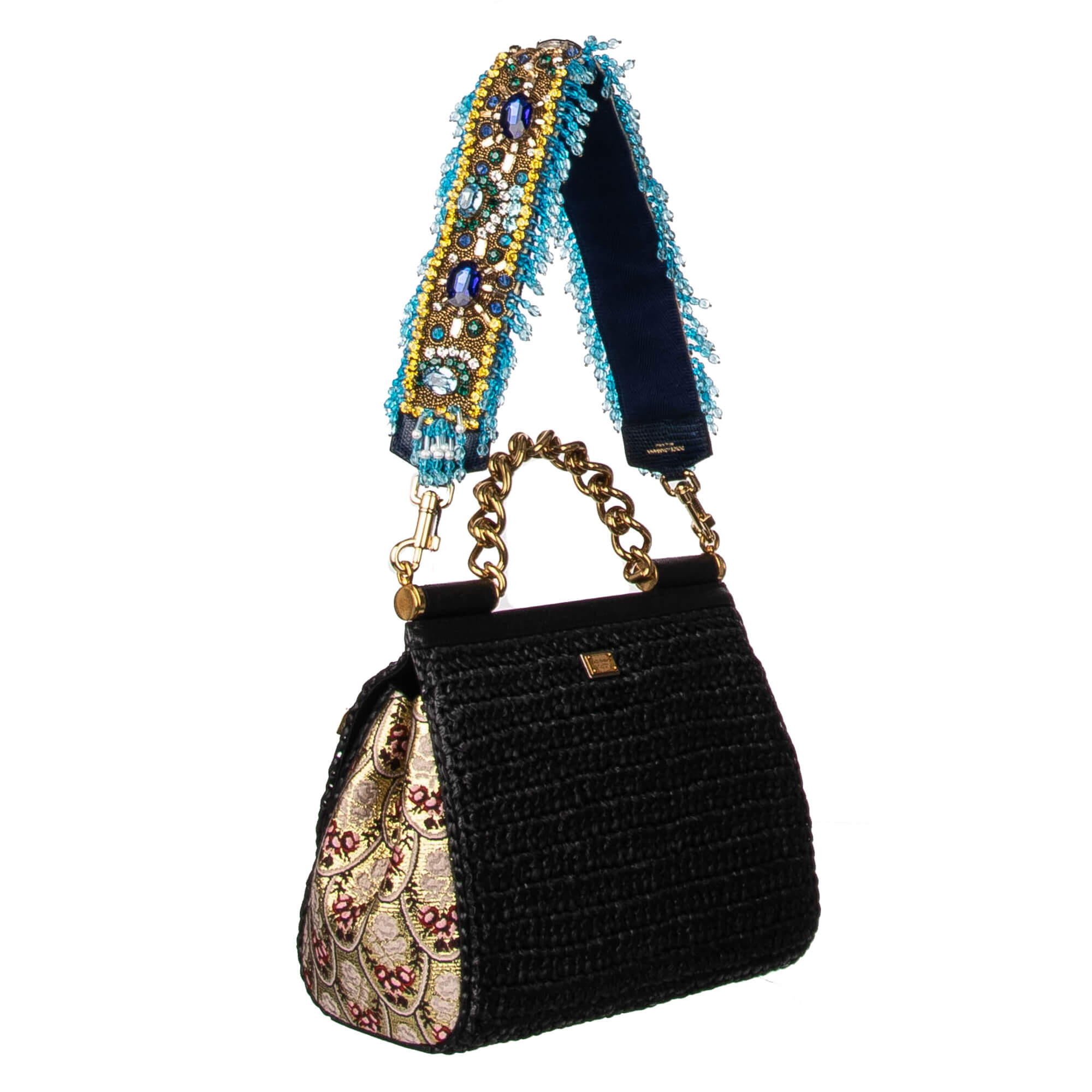 Schulterriemen für Tasche aus Baumwolle und Raffia in Blau und Gold verziert mit Perlen und Kristallen Handstickerei von DOLCE & GABBANA