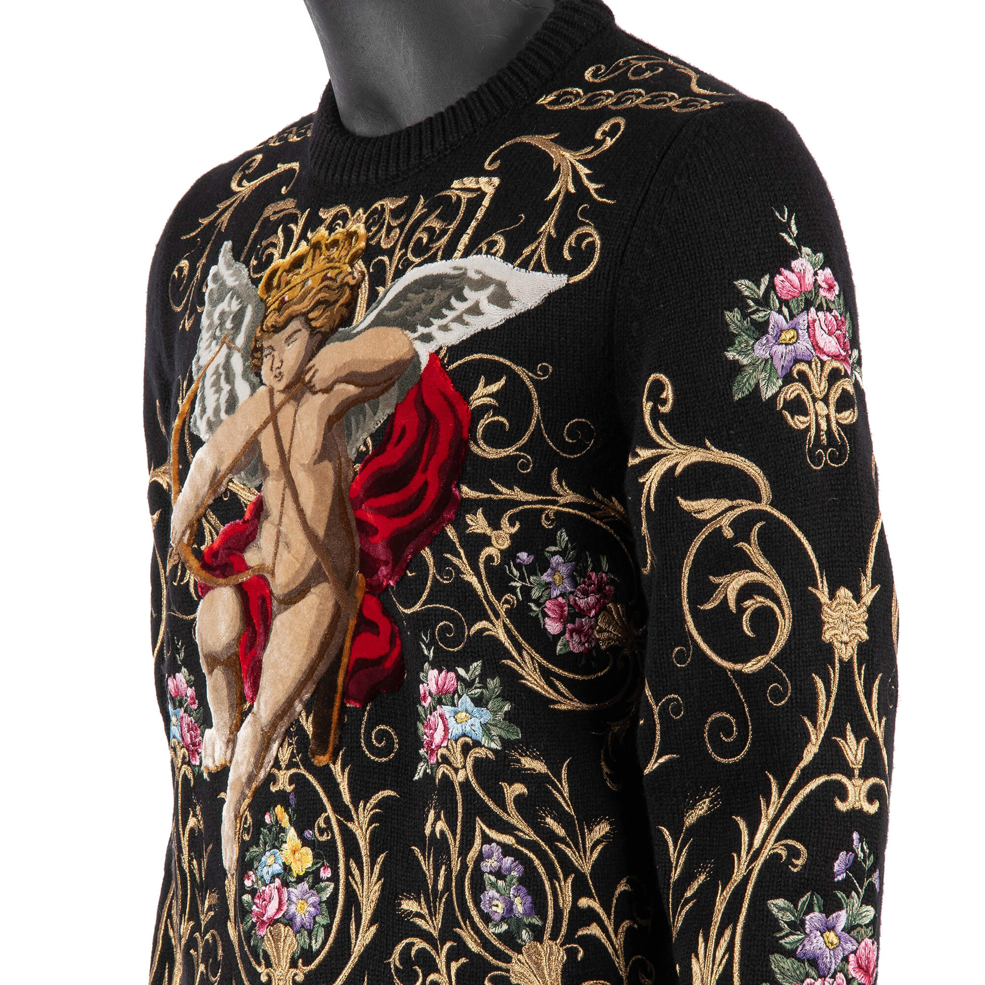 Exceptional and rare baroque style sweater / sweatshirt with velvet Angel and hand embroidered flowers by DOLCE & GABBANA