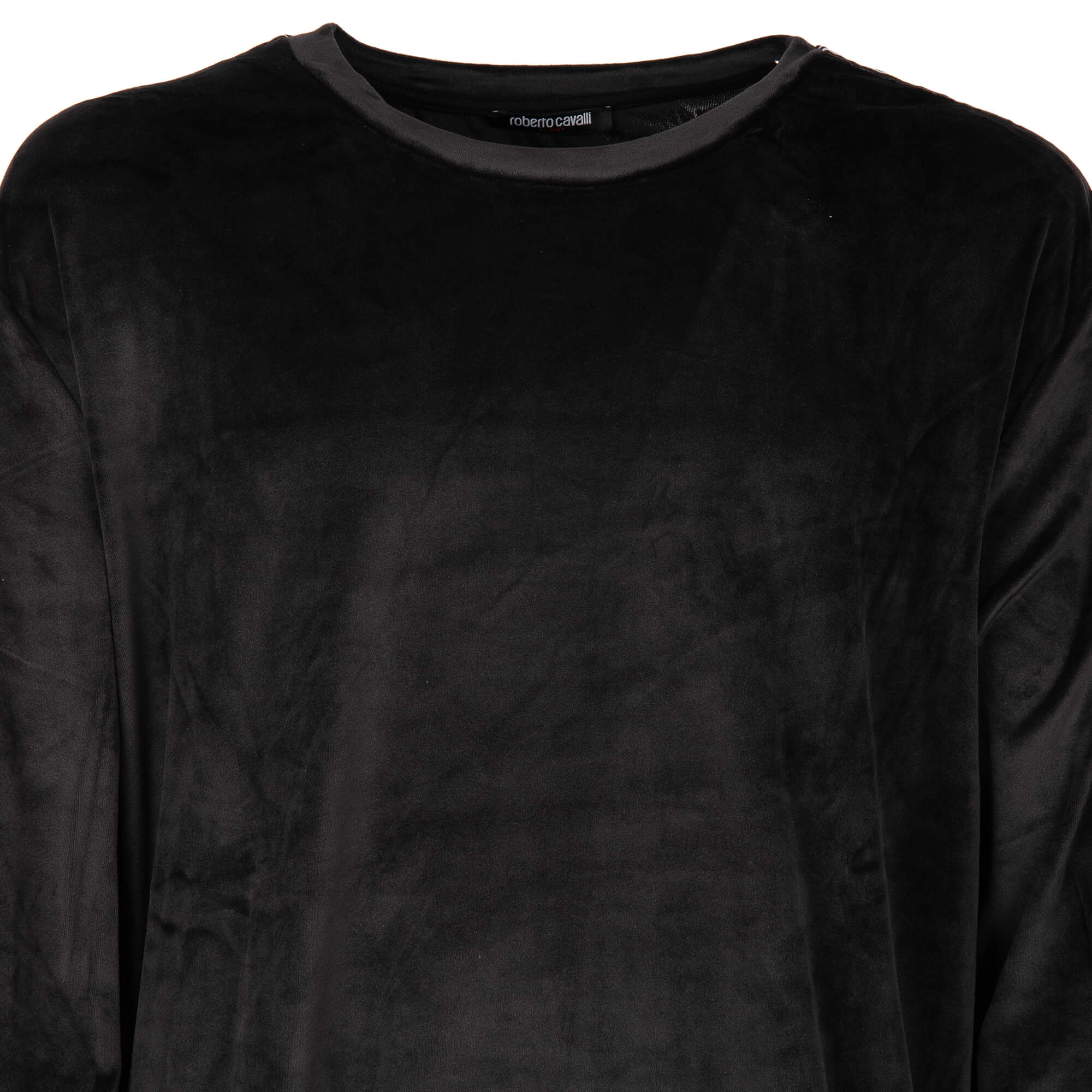 Weiches Samt Sweatshirt / Pullover mit Logo Streifen an beiden Ärmeln und Logo Schild in Schwarz von ROBERTO CAVALLI Sport