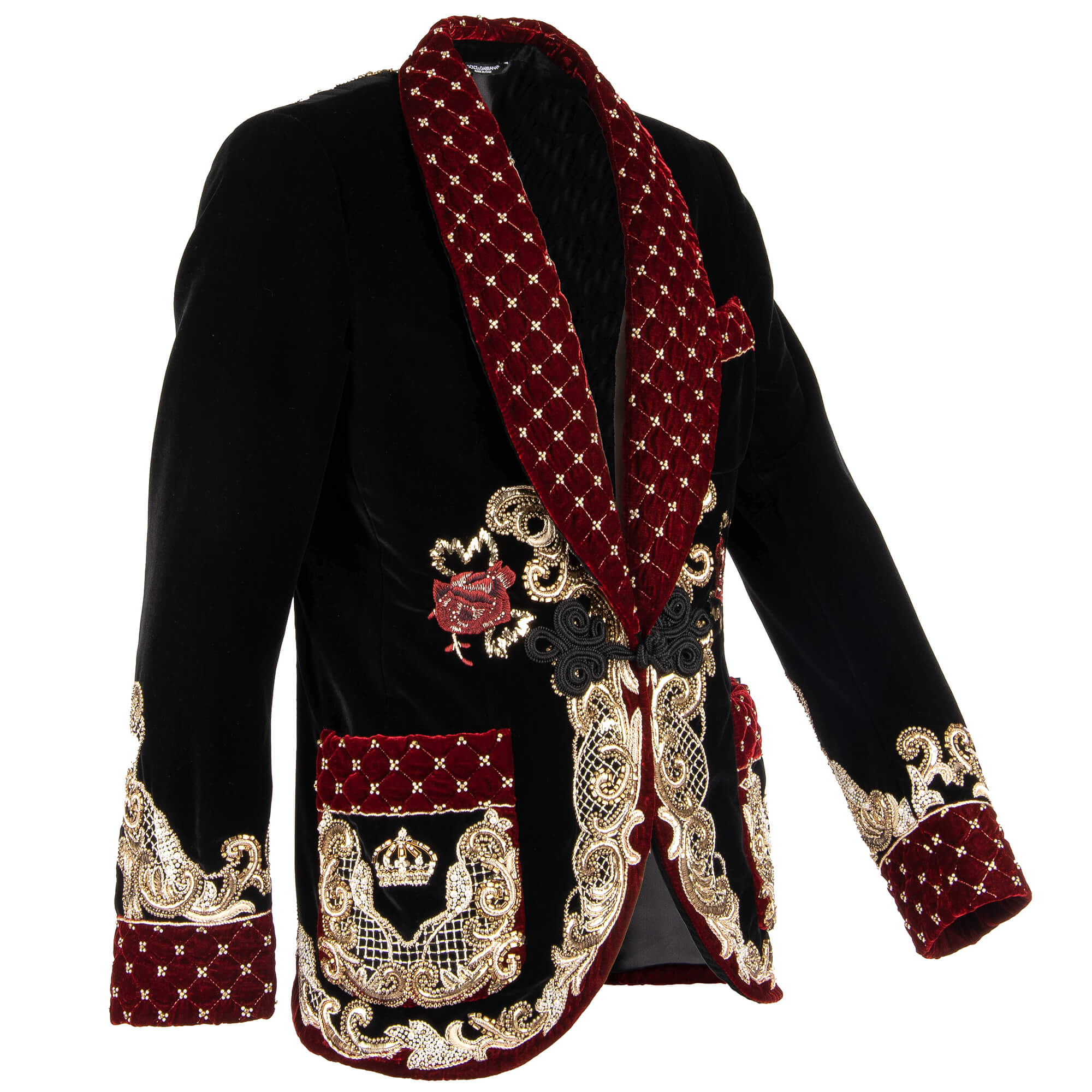 Stunning Baroque Style velvet tuxedo / blazer with handmade golden seam and pearls all-over embroidery, rope fastening studded shawl lapel and pockets by DOLCE & GABBANA