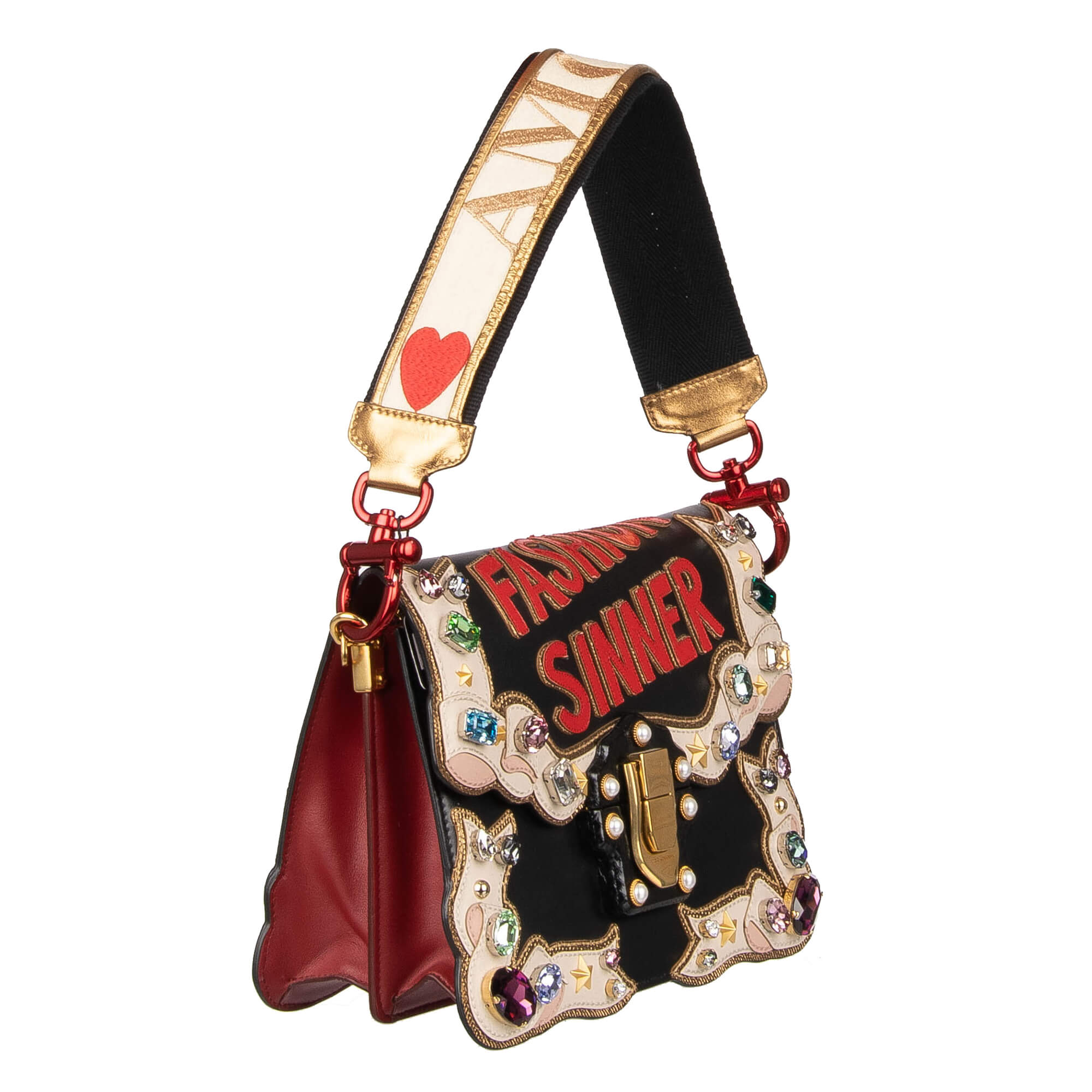 Schulterriemen für Tasche aus Baumwolle und Leder in Gold, Beige und Schwarz verziert mit Amore und Herz Stickerei von DOLCE & GABBANA