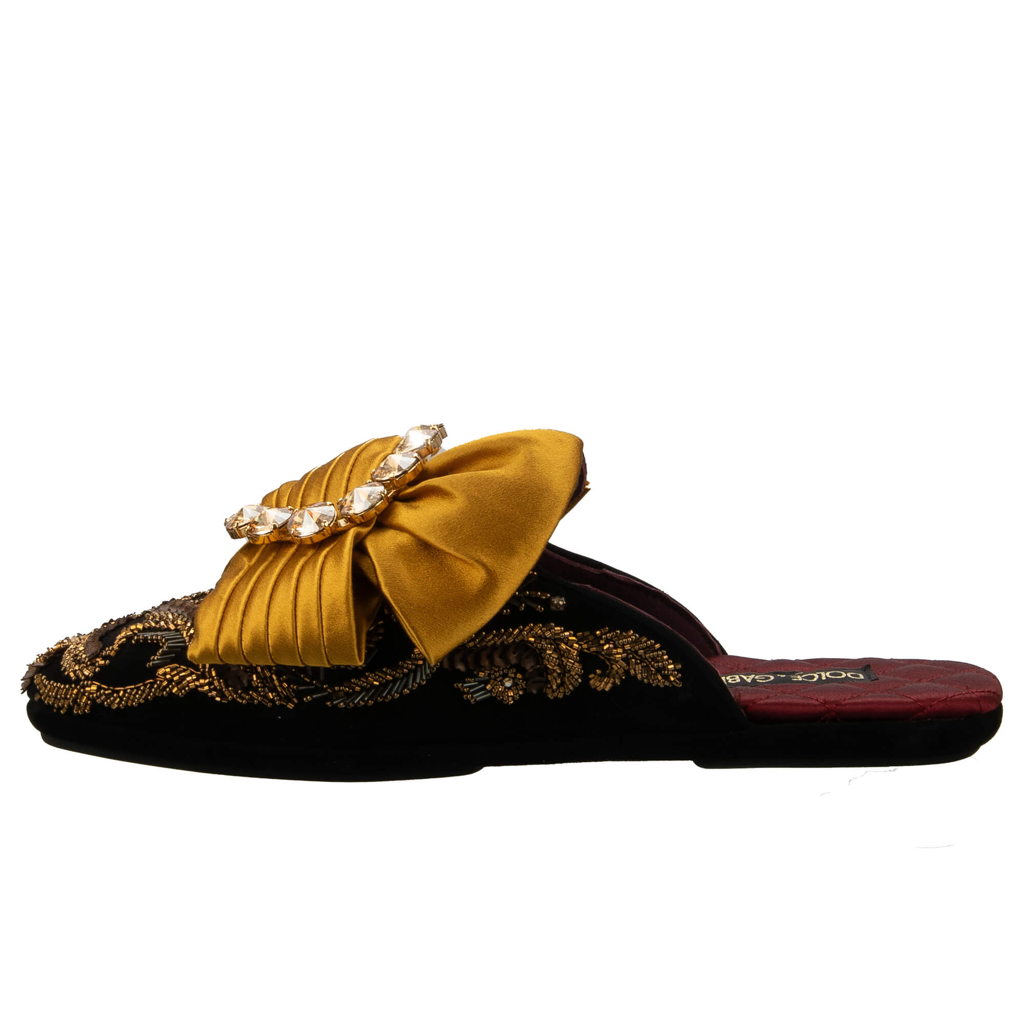 Suede leather slipper shoes MARCELLO with crystal brooch silk bow and pearl crystal embroidery in black and gold by DOLCE & GABBANA
