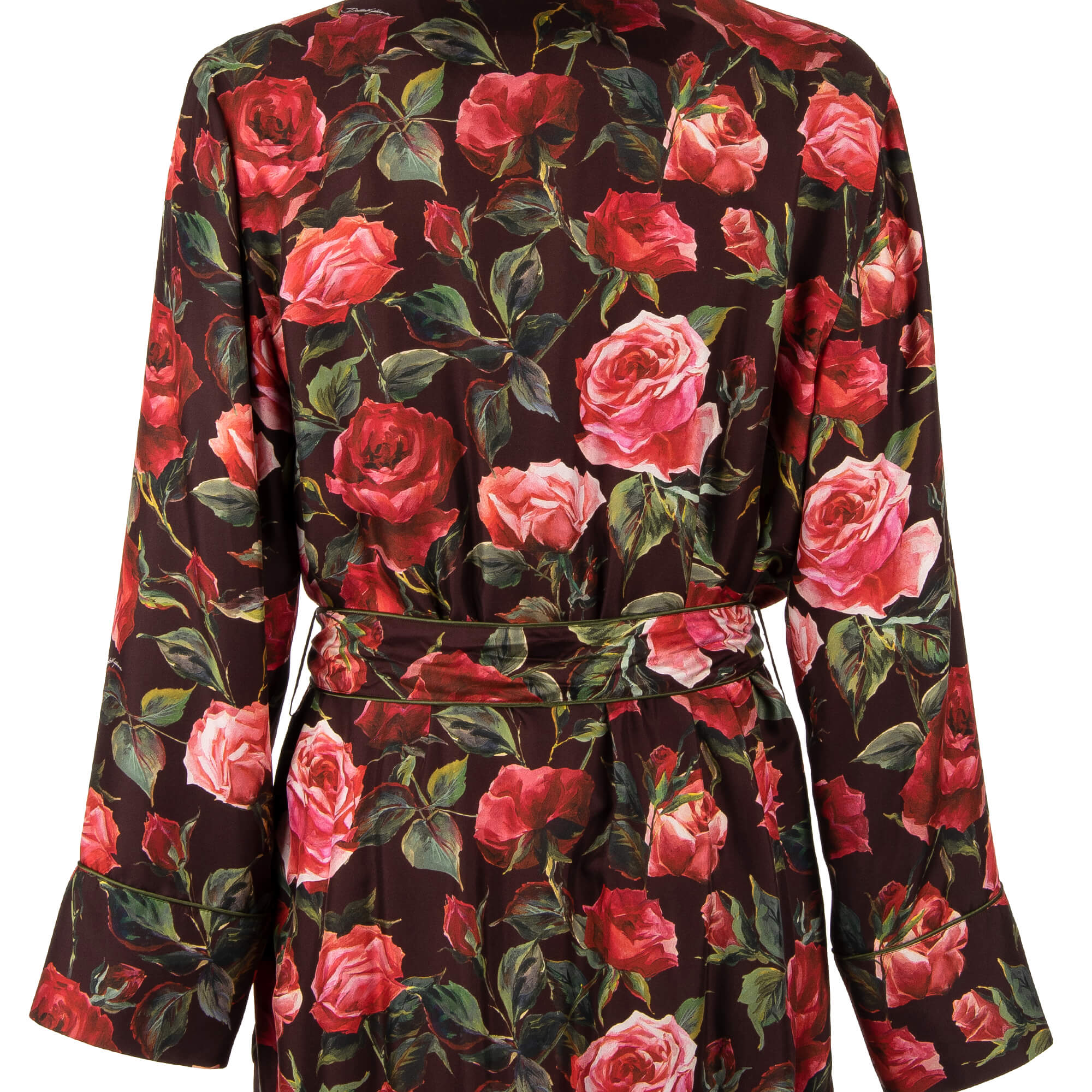 Silk Coat / Robe with roses print and large shawl collar in red, green and bordeaux by DOLCE & GABBANA