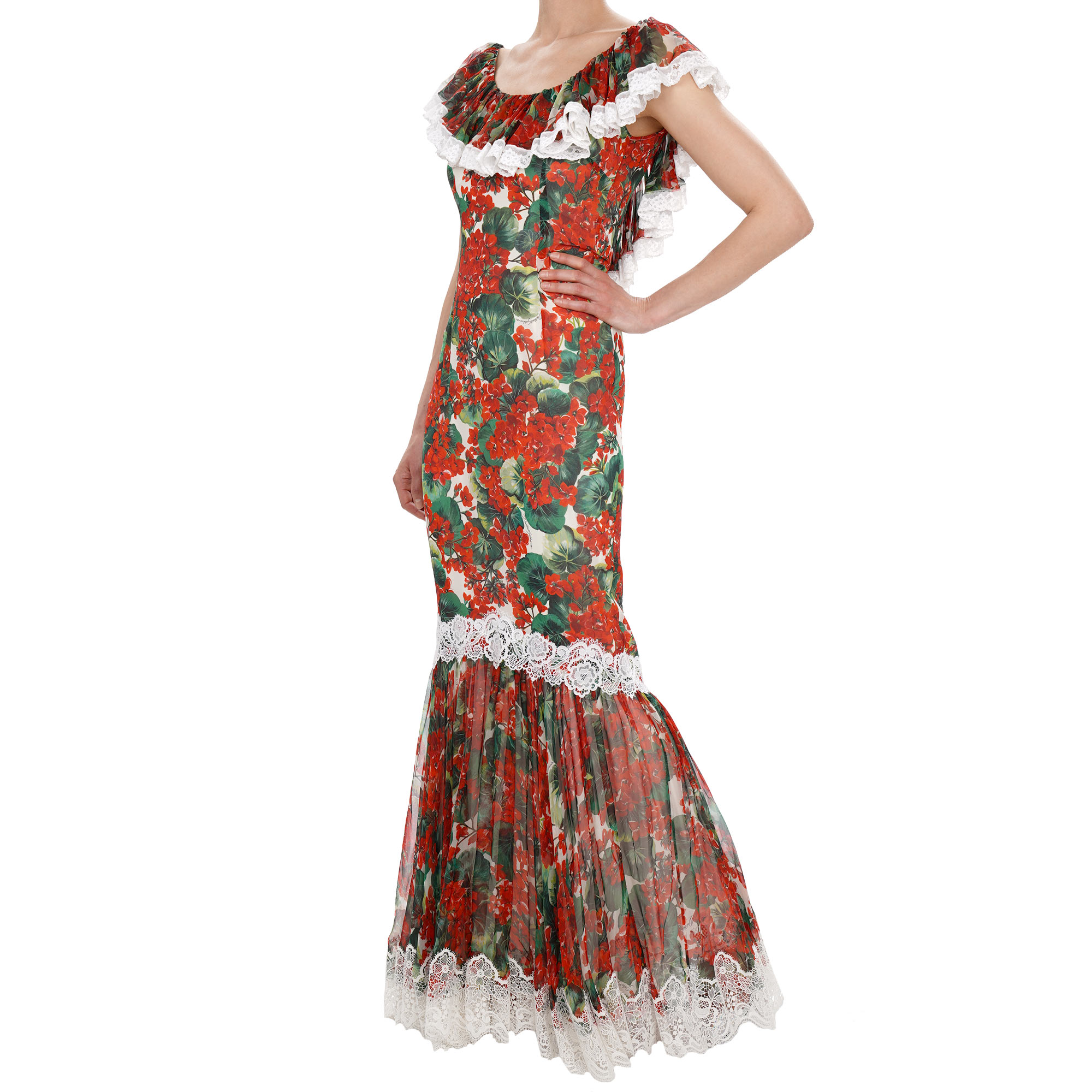 Geranien Blume Spitze Seide Maxi Kleid Rot Weiß Grün IT 40 S