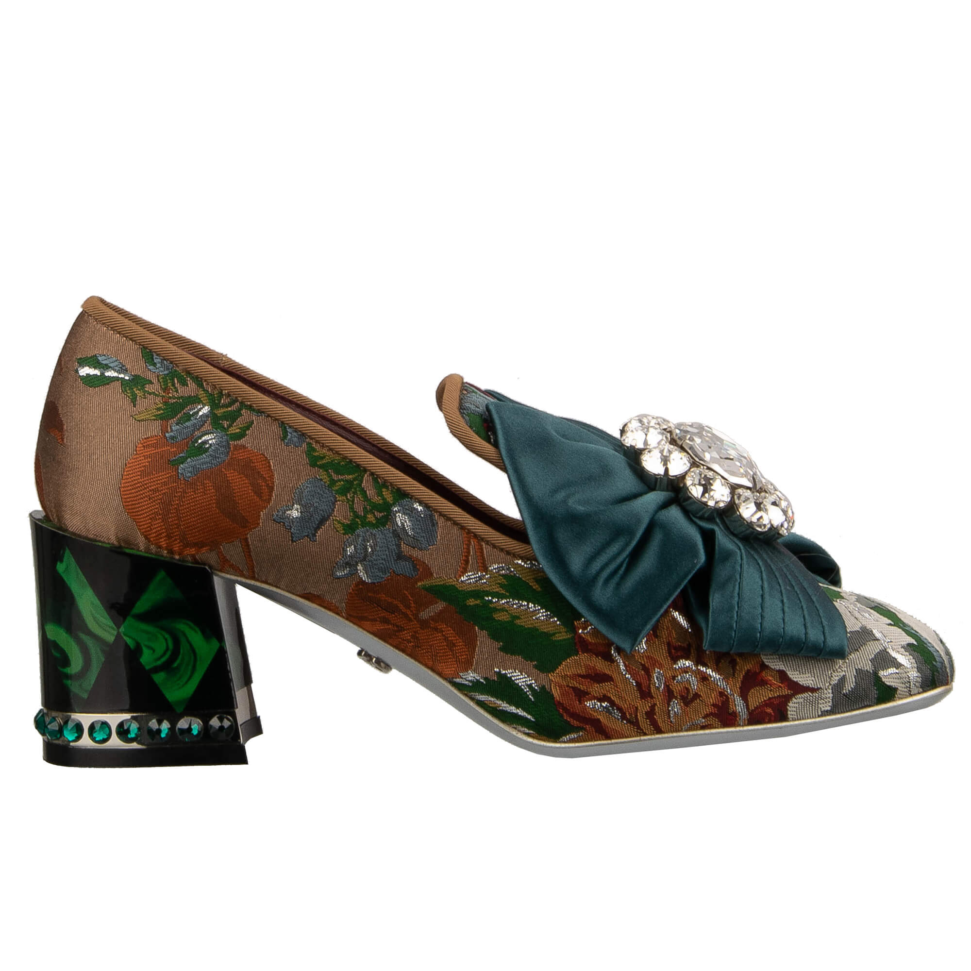 Barock Brokat Pumps JACKIE mit Schleifen Kristallen Brosche in Grün und Braun von DOLCE & GABBANA