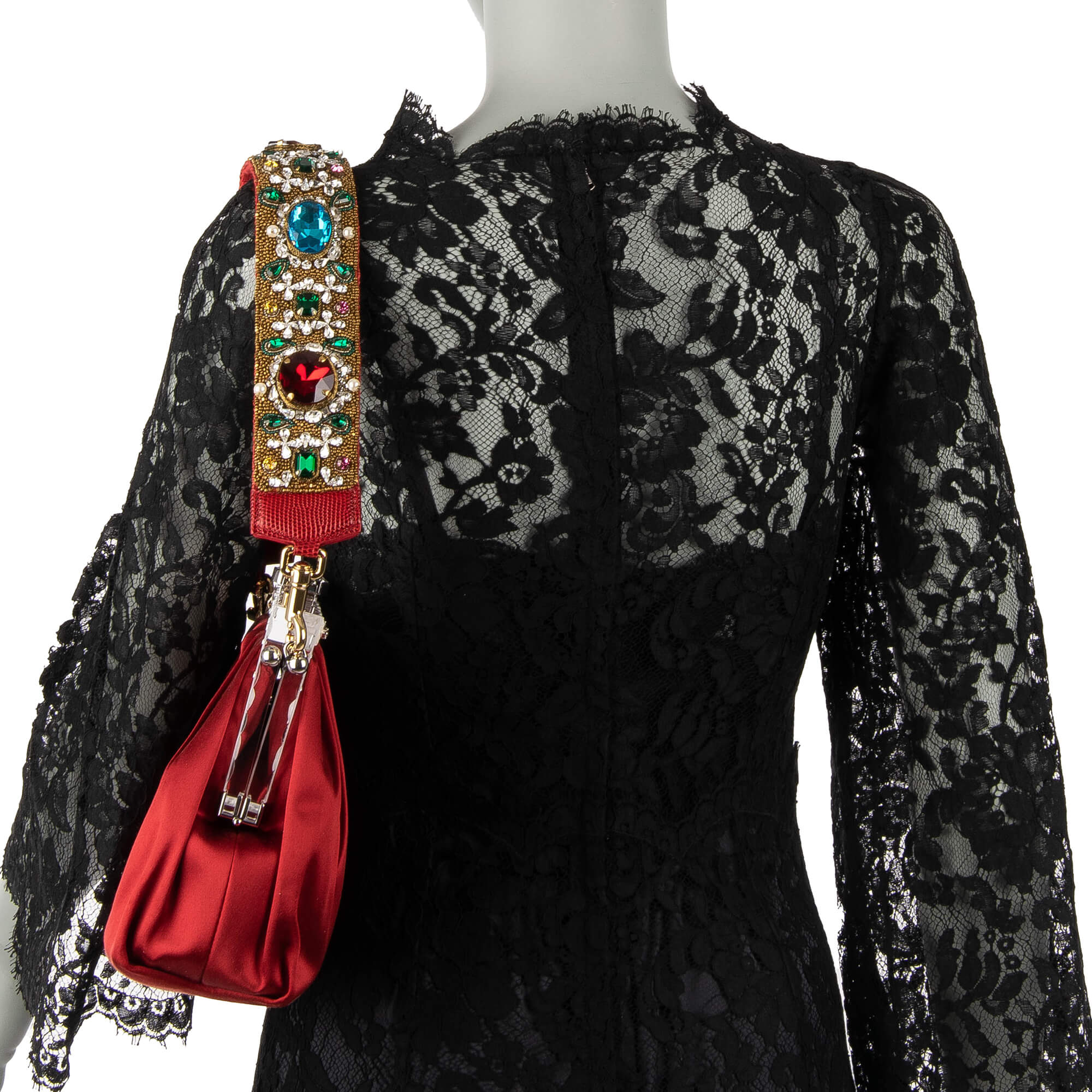 Schulterriemen für Tasche aus Baumwolle und Raffia in Rot und Gold verziert mit Perlen und Kristallen Handstickerei von DOLCE & GABBANA