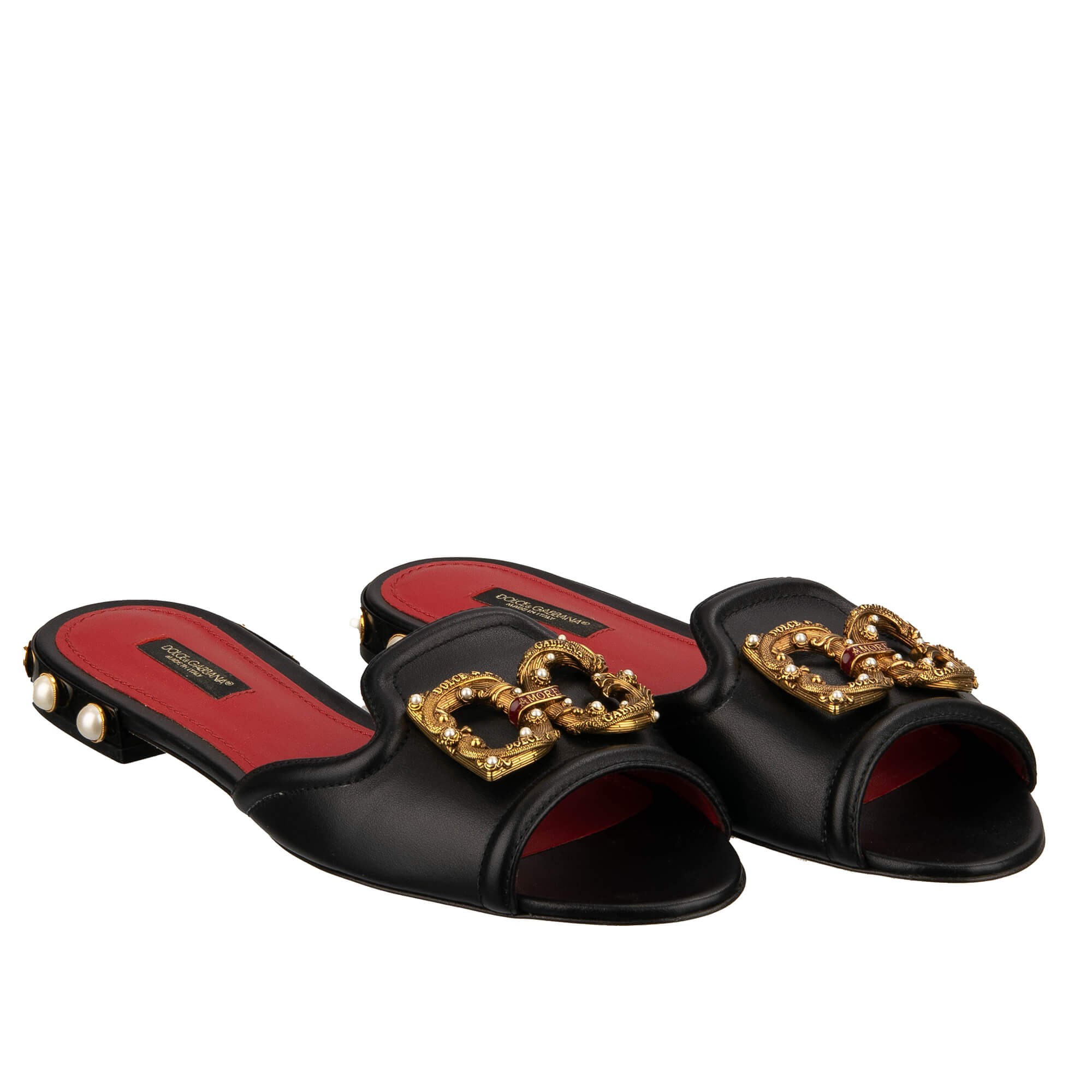 DG Perlen Logo AMORE Leder Sandalen Mules Schwarz 38 US 8