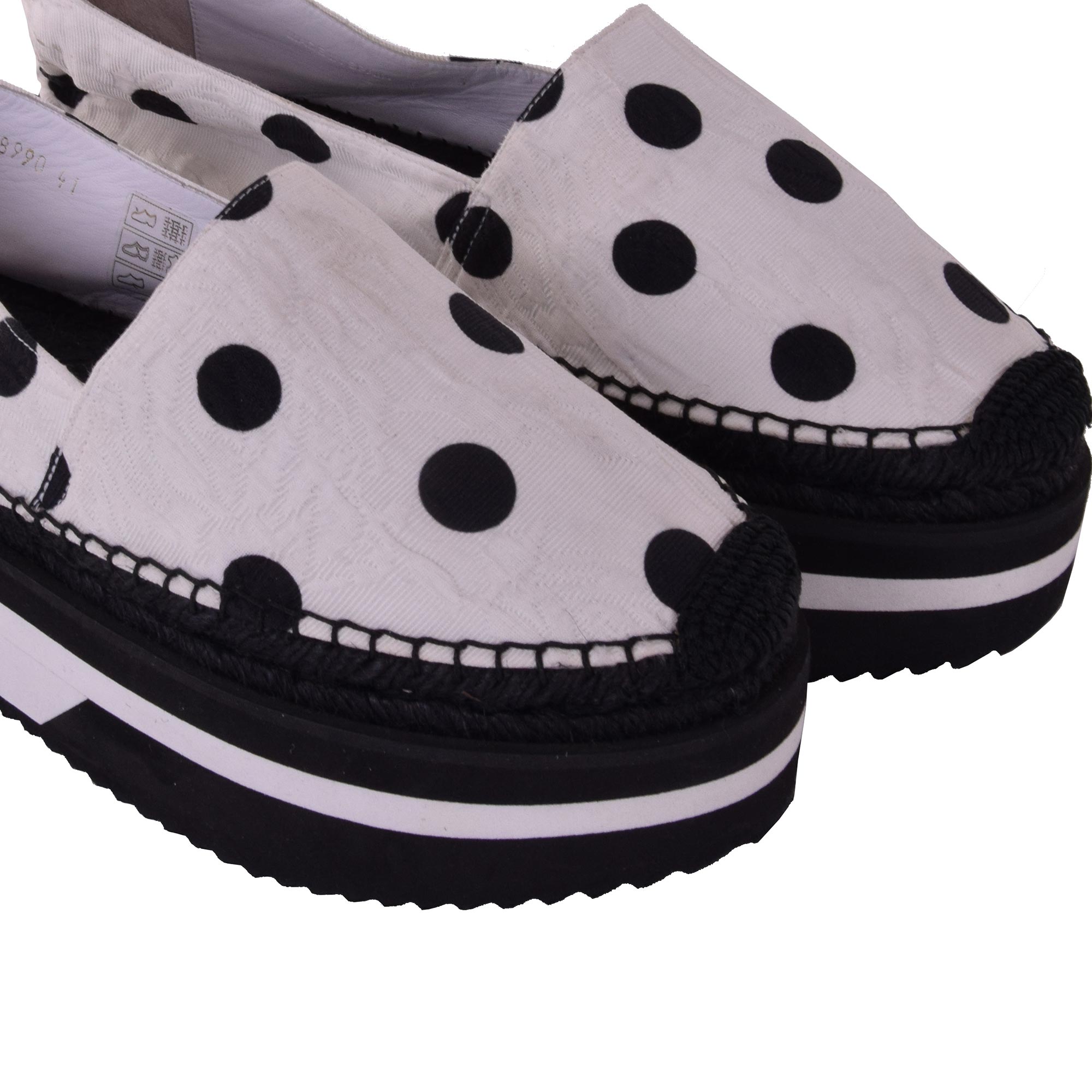 Damen Plateau-Espadrilles aus Blumen-Brokat mit Kristallen, bedruckt mit grossen Polka Dots von DOLCE & GABBANA