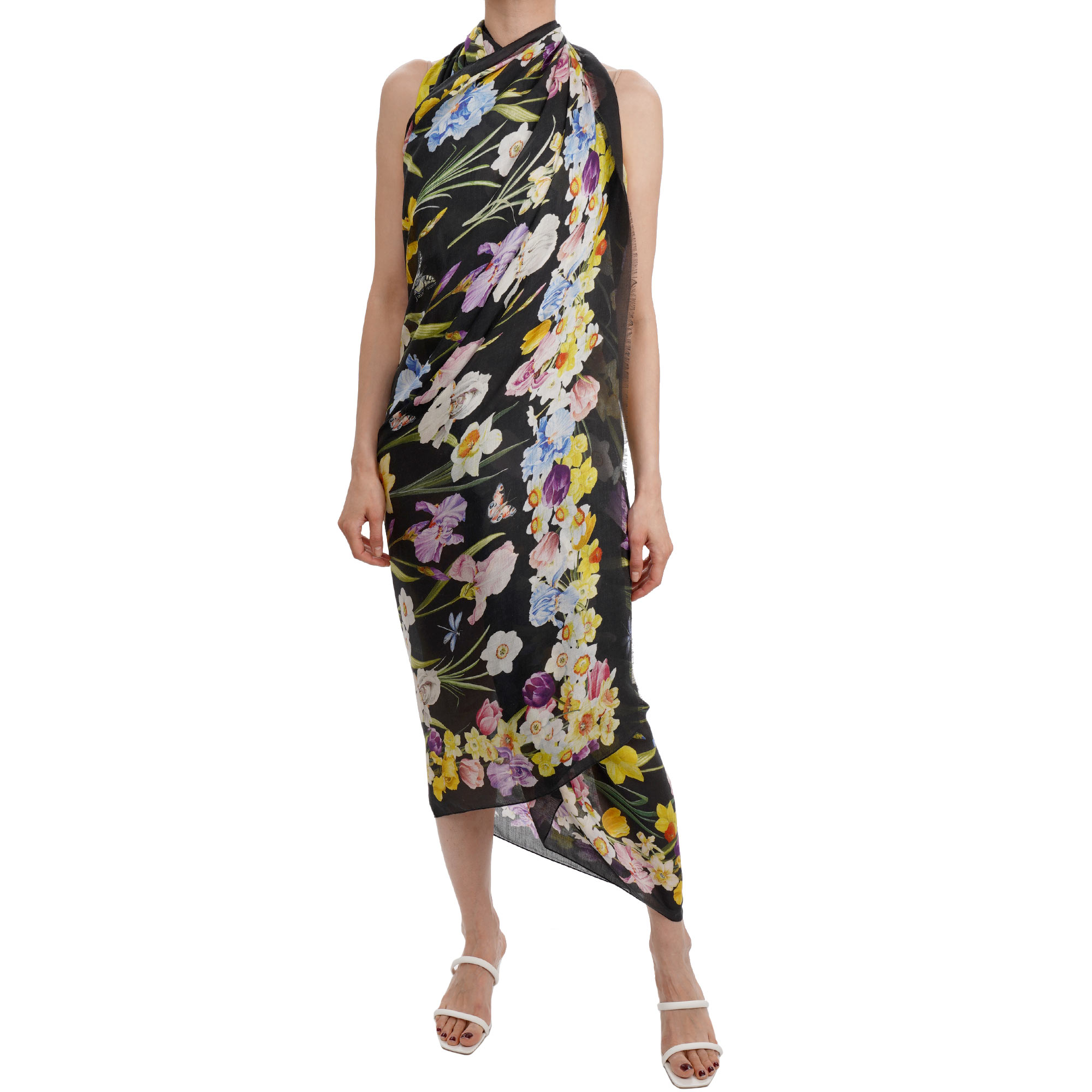 Daffodil Iris Flower Cashmere Modal Scarf Foulard Black