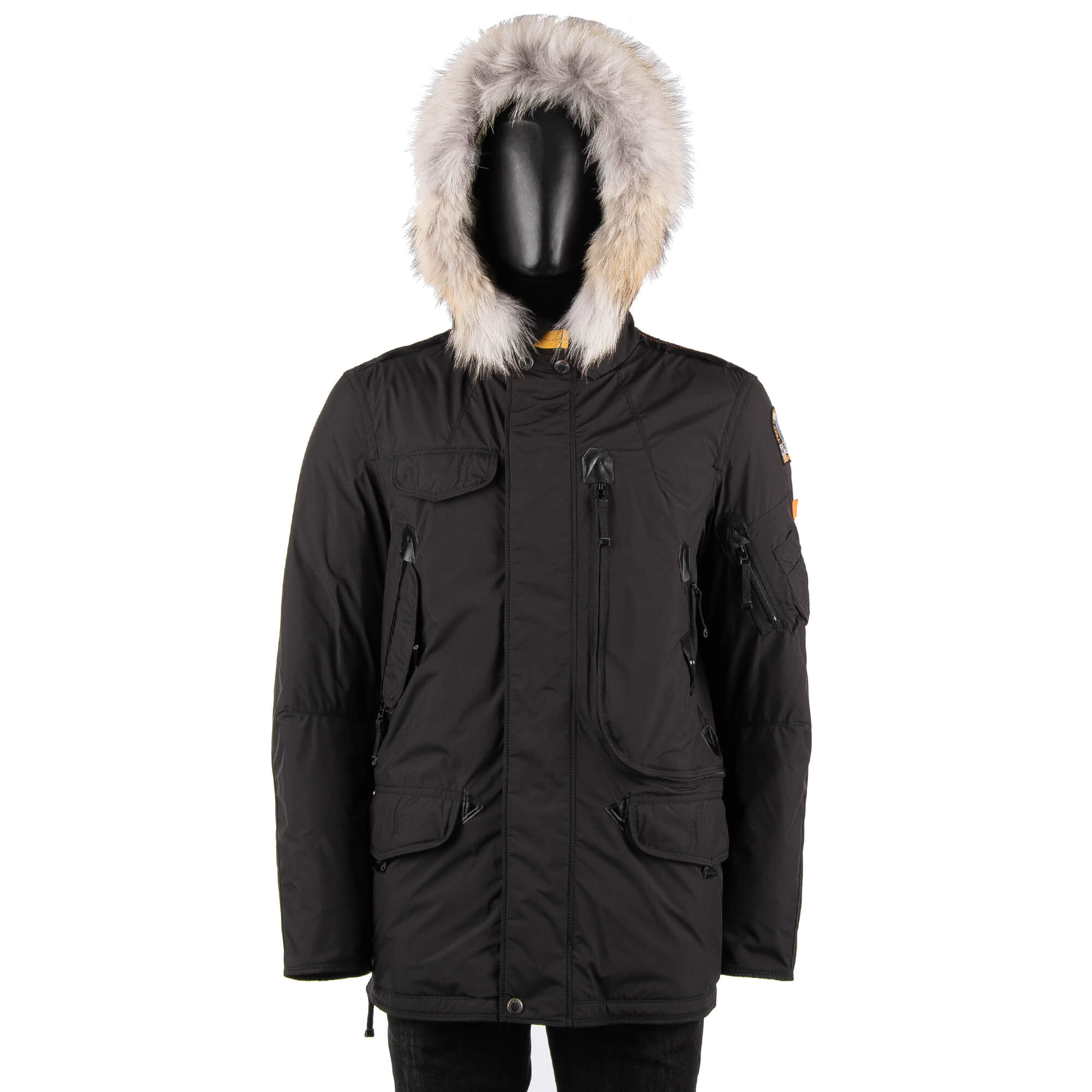 Parka / Daunenjacke RIGHT HAND LIGHT aus leichtem Polyester-Polyurethan-Popeline mit abnehmbarem Echtpelzbesatz, Kapuze, vielen Taschen und Daunenfutter in Raven Schwarz
