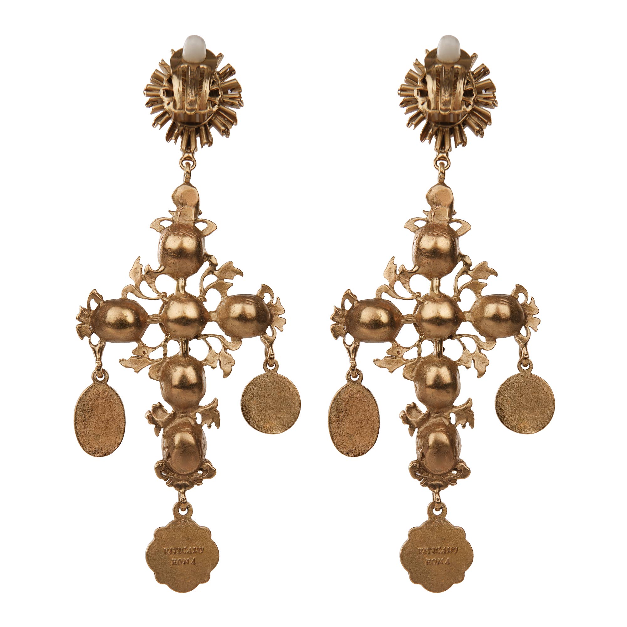 Baroque Antique Clip Earrings adorned with Sacred Heart, Madonna pendants and crystals in gold and black by DOLCE & GABBANA