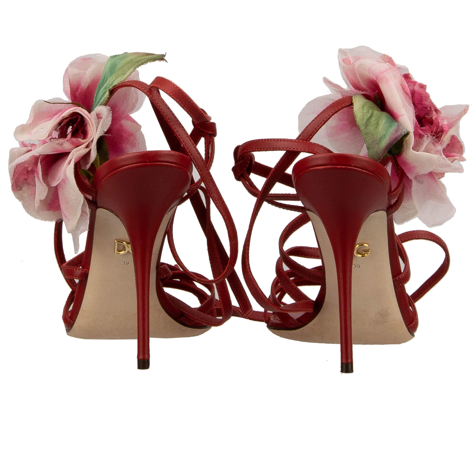 Leder Pumps Sandalen KEIRA mit Seide Pfingstrose und Riemchen in rot von DOLCE & GABBANA