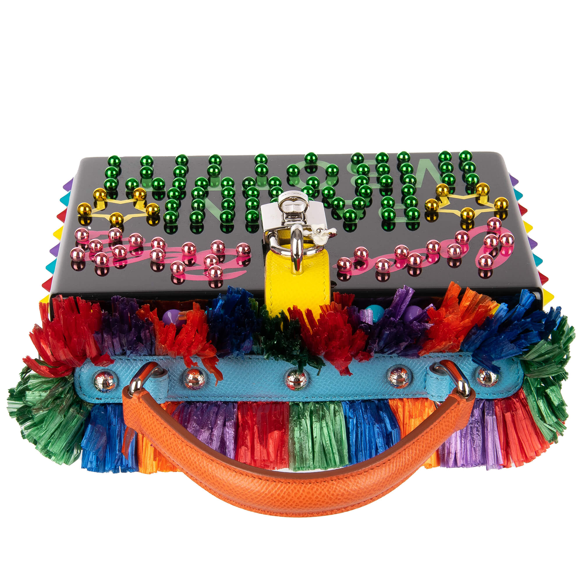 Unique wooden clutch / evening bag DOLCE BOX with Raffia trim, "Cocco Bello Panini Imbottiti" text, multicolor studs and decorative padlock by DOLCE & GABBANA