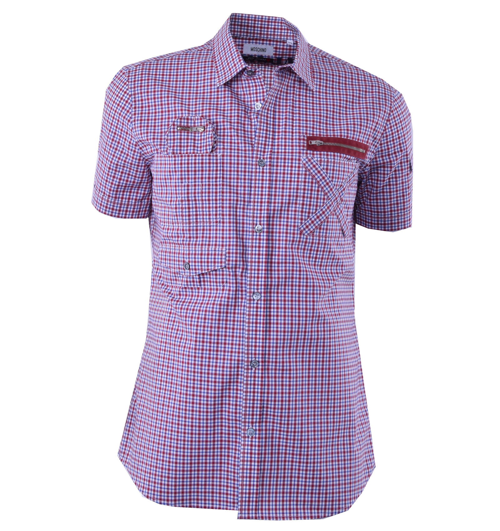 Short Sleeves Checked Cotton Shirt with Pockets Red Blue