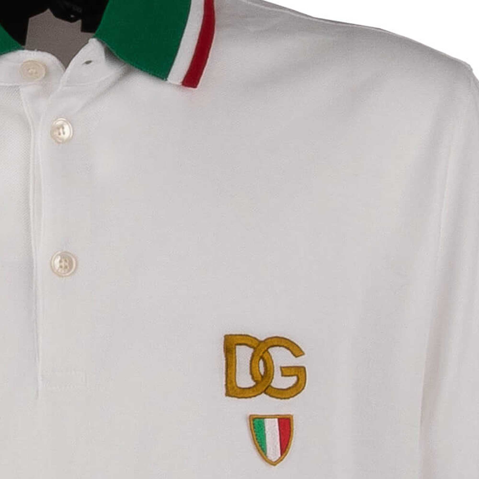 Polo Shirt aus Baumwolle mit DG Logo und Italen Flagge Muster in Weiß von DOLCE & GABBANA