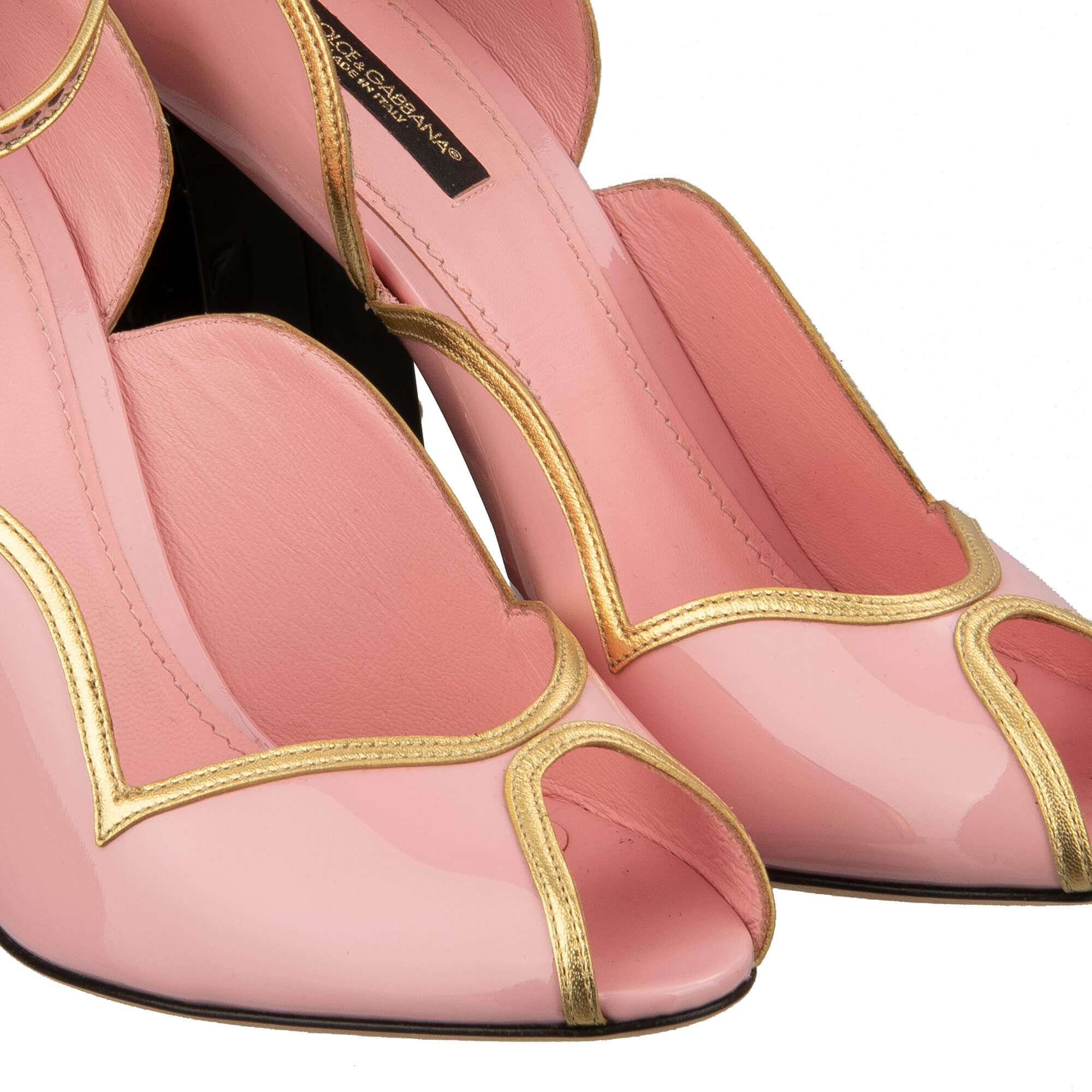 Patent Leather High Heel Sandals BETTE with crystal, pearl embellished heel and snake strap closure by DOLCE & GABBANA