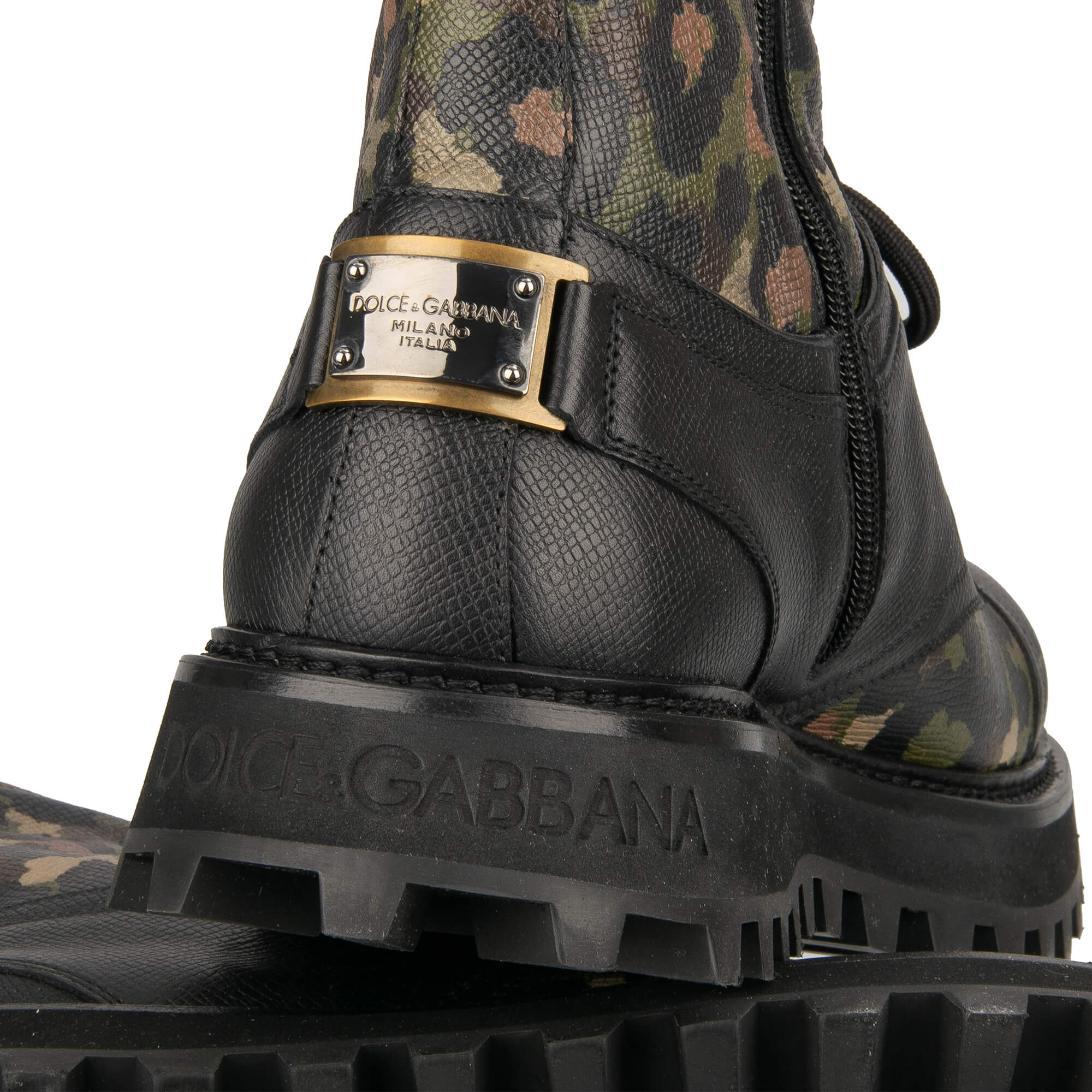 Combat Stiefeletten BERNINI aus Dauphine Leder mit Logo Schild in Camouflage und Schwarz von DOLCE & GABBANA