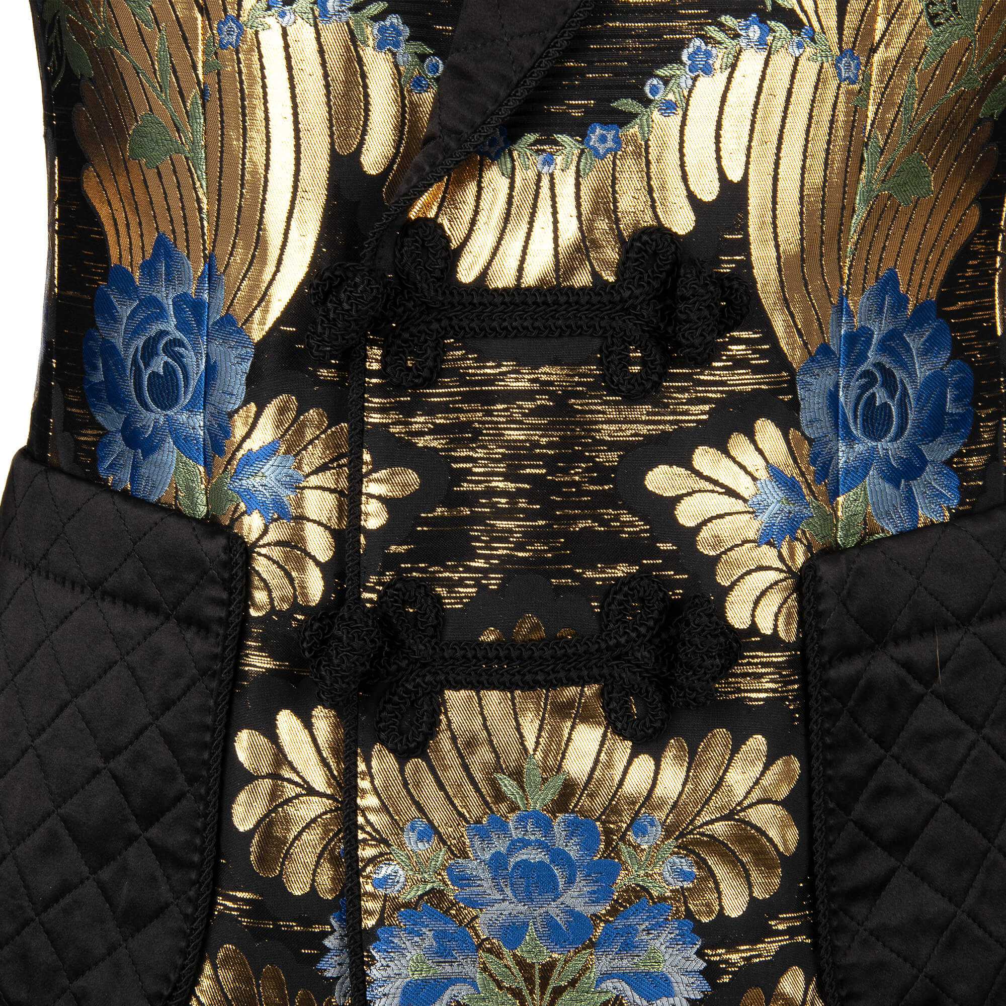 Floral Baroque Style lurex tuxedo / blazer in blue with rope fastening and contrast black quilted peak lapel, cuffs and pockets by DOLCE & GABBANA