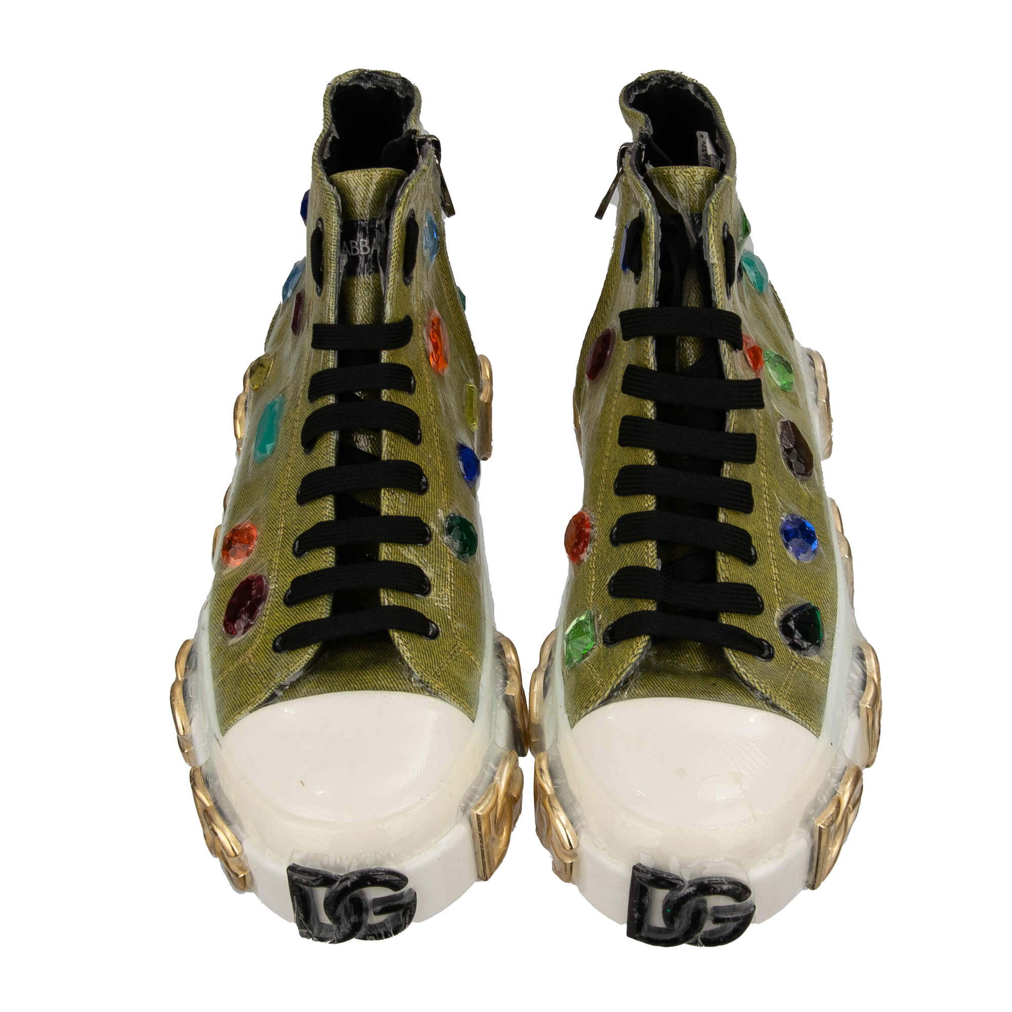 High Top Denim Stoff und Leder Sneaker PORTOFINO mit DG Gold Logos und Kristallen in Grau und Weiß von DOLCE & GABBANA